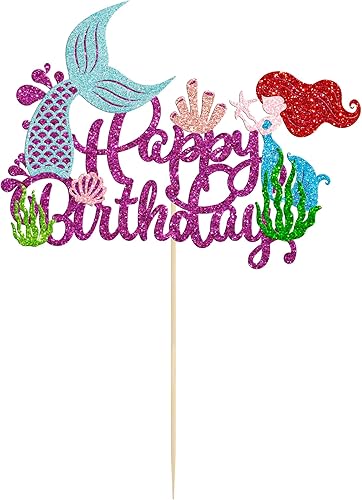 Miniatura 3 de Gyufise Decoración de sirena para pastel de feliz cumpleaños, conchas marinas con purpurina, decoración de cola de coral para decoración bajo el