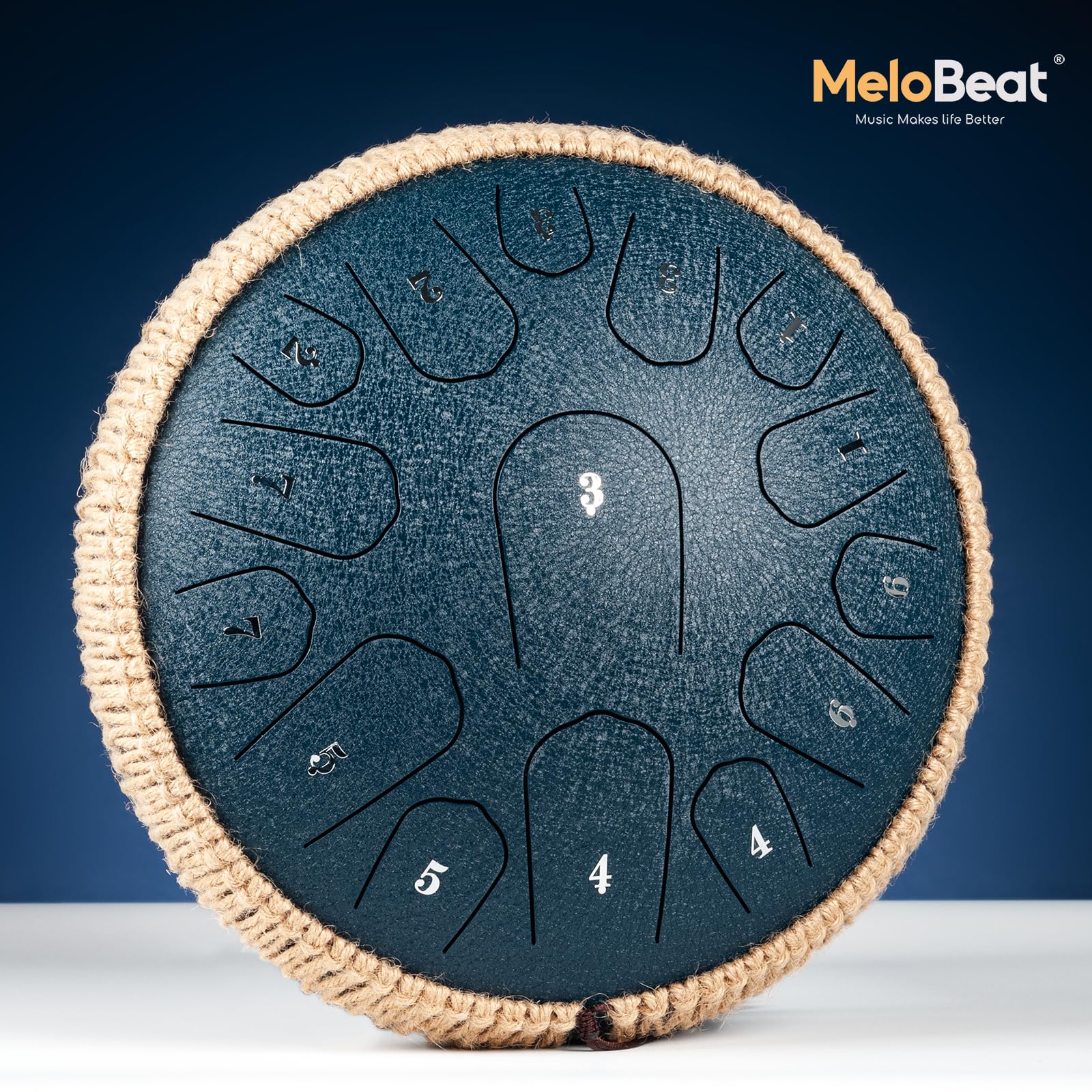 MeloBeat Zungentrommel 13 Zoll 15 Töne - Professionelles Steel Tongue Drum Handpan Set in D Dur inkl. Zungentrommel Liederbuch, Schlagzeug Sticks und Trommel Tragetasche (Dunkelblau)