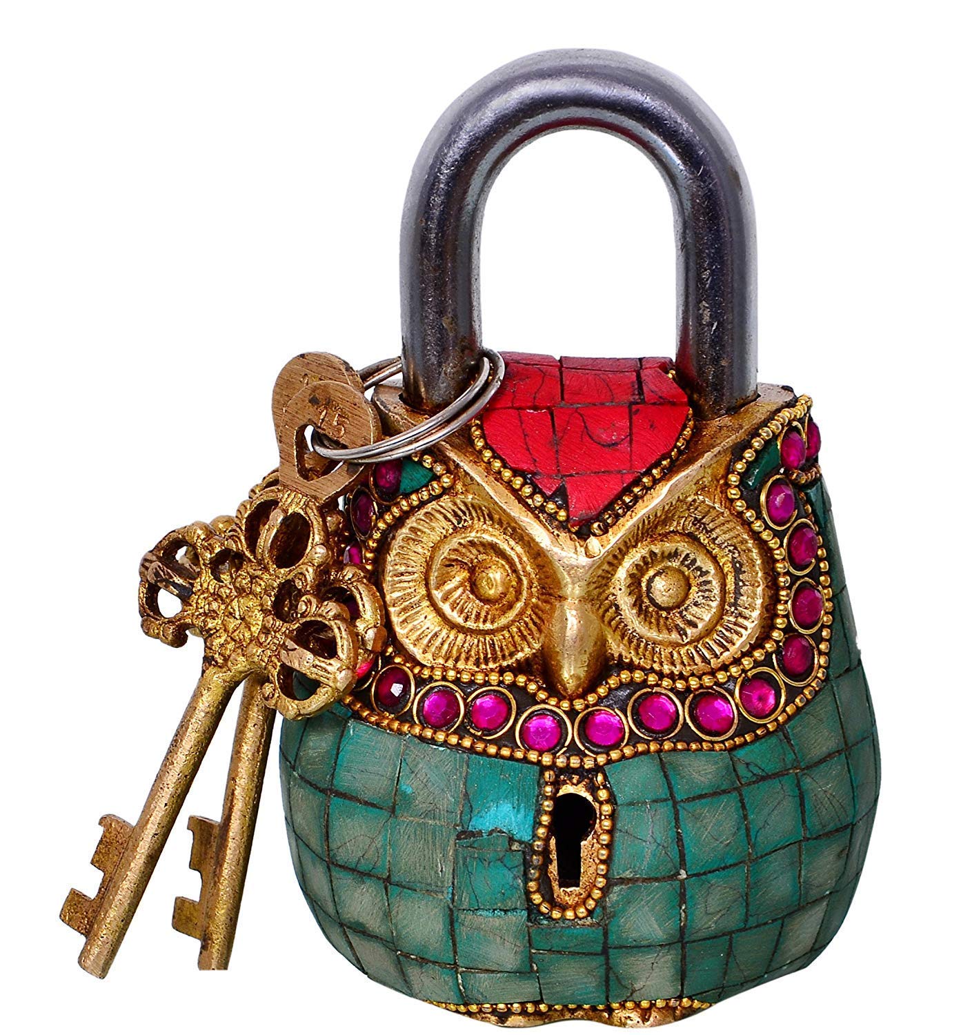 Pick End Now Owl Shaped Handmade Brass Antique Design Lock Padlock with Colorful Gemstone Work, Product Dimensions - 8 x 4.5 x 12Cm, 650Gm-image-37