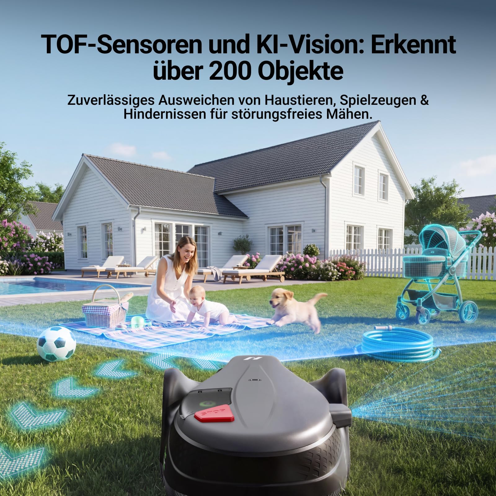 NovorikX X3 Pro Mähroboter ohne Begrenzungskabel für 1500 m², 12mm Ultra-Präziser Randmähen, Verschiebbare Messerscheibe, RTK+3-Kamera-System, Nachtbeleuchtung, KI-Hindernisvermeidung, App-Steuerung