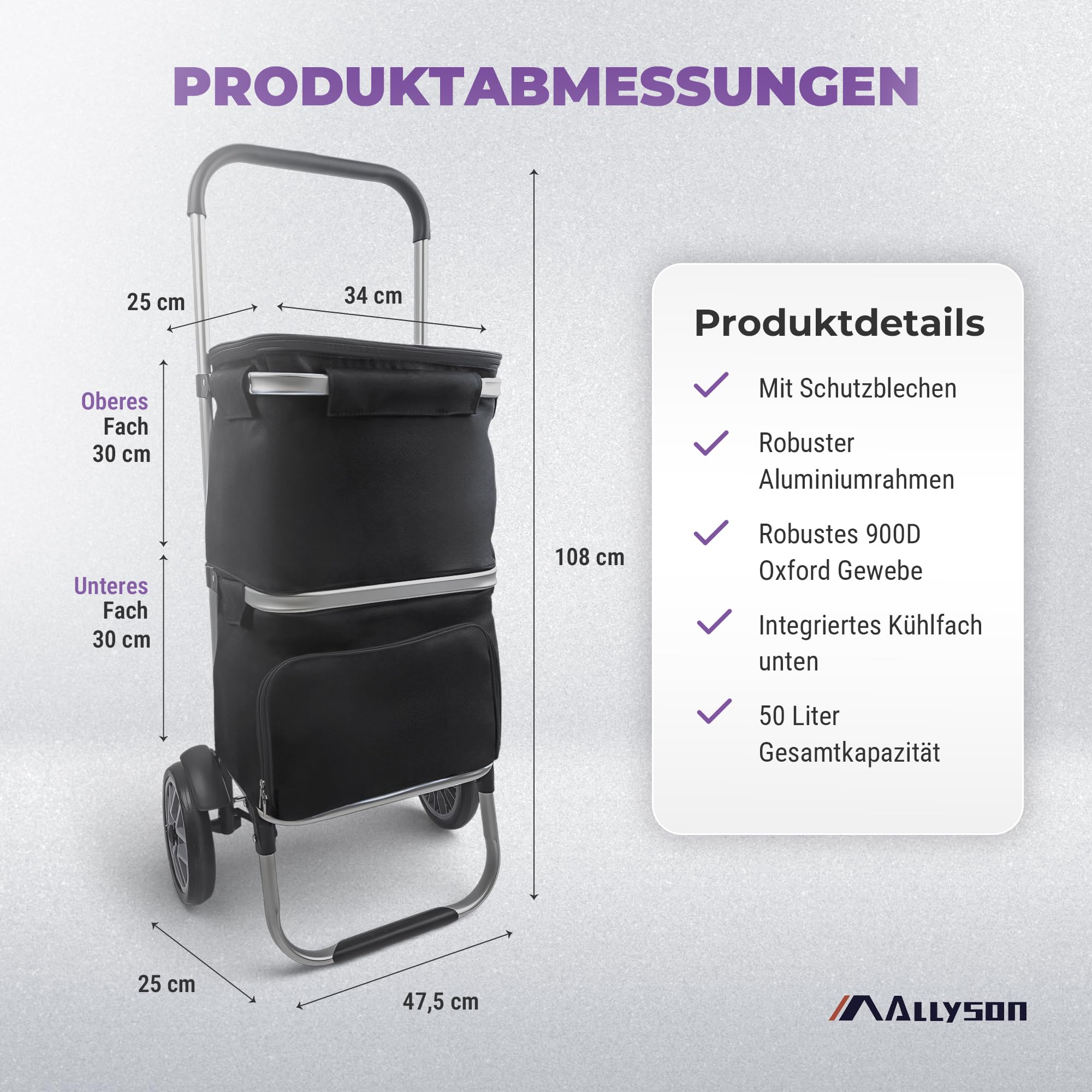 Allyson® Einkaufstrolley 50L Wasserabweisende Tasche mit Kühlfach Schwarz | Zwei Fächer, klappbar, stoßdämpfende Schaumstoffräder für Treppen, Aluminiumrahmen, geeignet für Wocheneinkauf