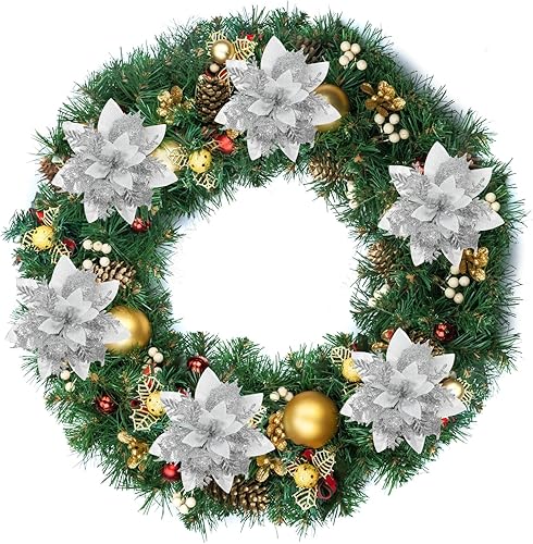 Miniatura 7 de Sawowkuya 15 piezas de flores de Pascua artificiales plateadas con purpurina para decoración de árbol de Navidad, decoración de corona de fiesta de