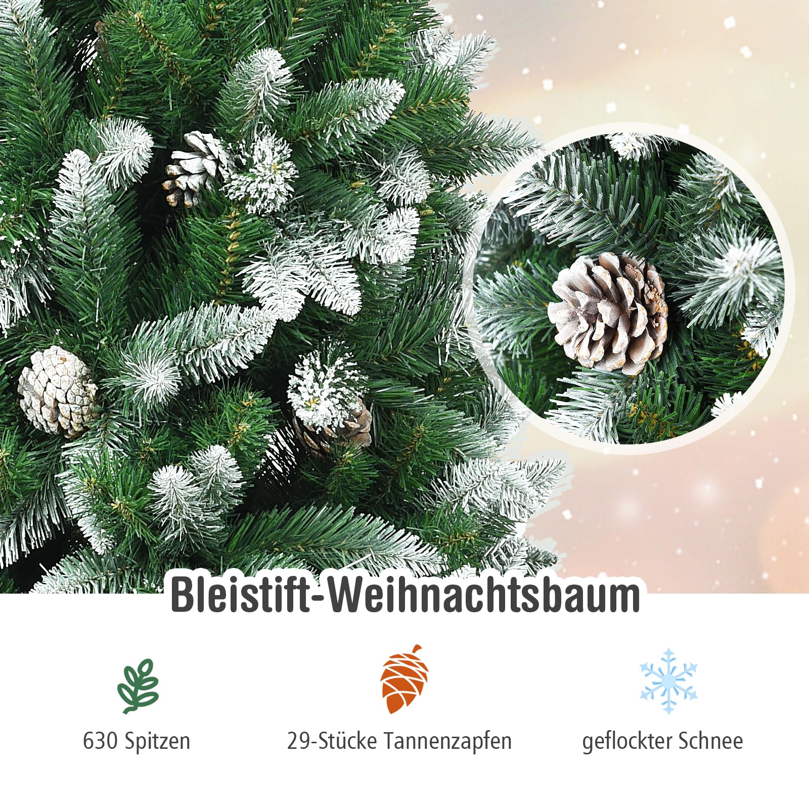 GOPLUS 180/220 cm schneebedeckter Weihnachtsbaum, künstlicher Christbaum mit beschneiten Spitzen & Tannenzapfen, Tannenbaum künstlich mit PVC Nadeln & Metallständer (180cm)