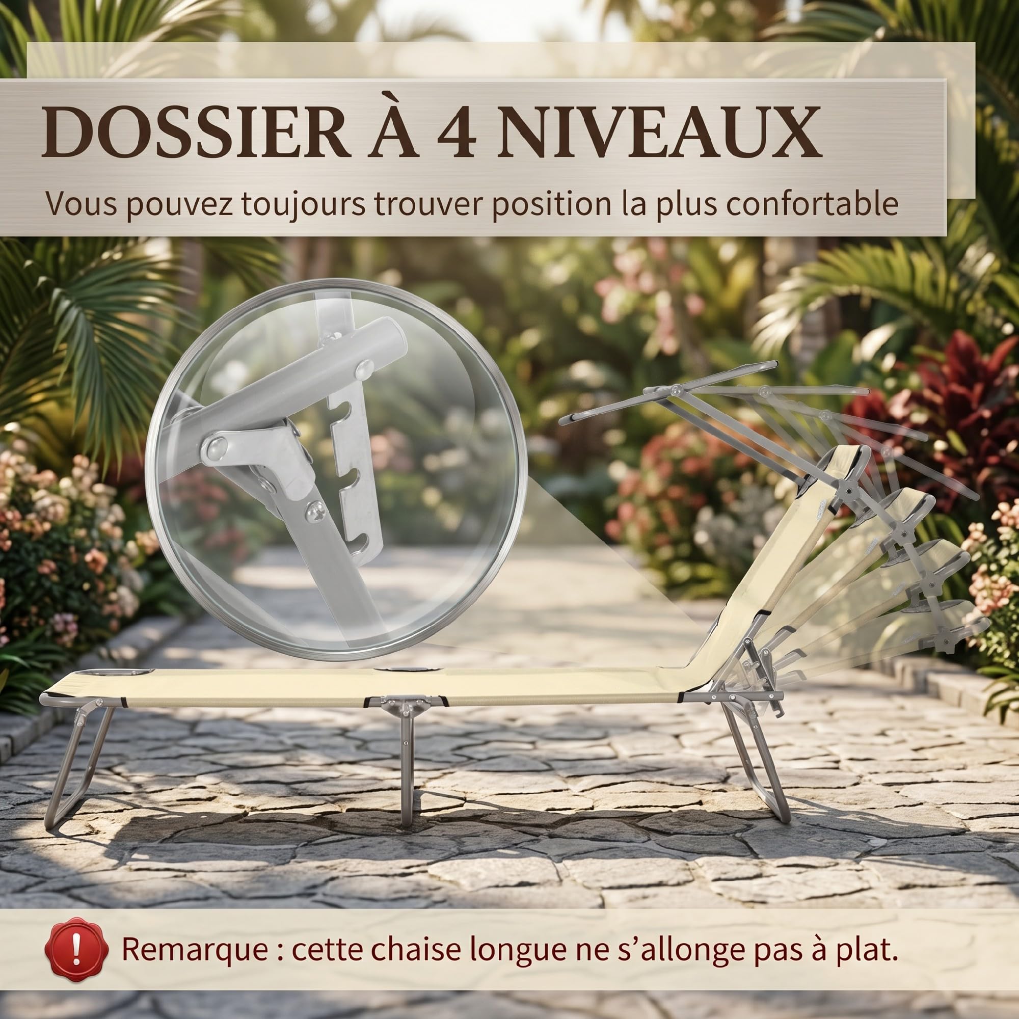 Outsunny Transat Bain de Soleil Pliable 187L x 58l x 36H cm Beige