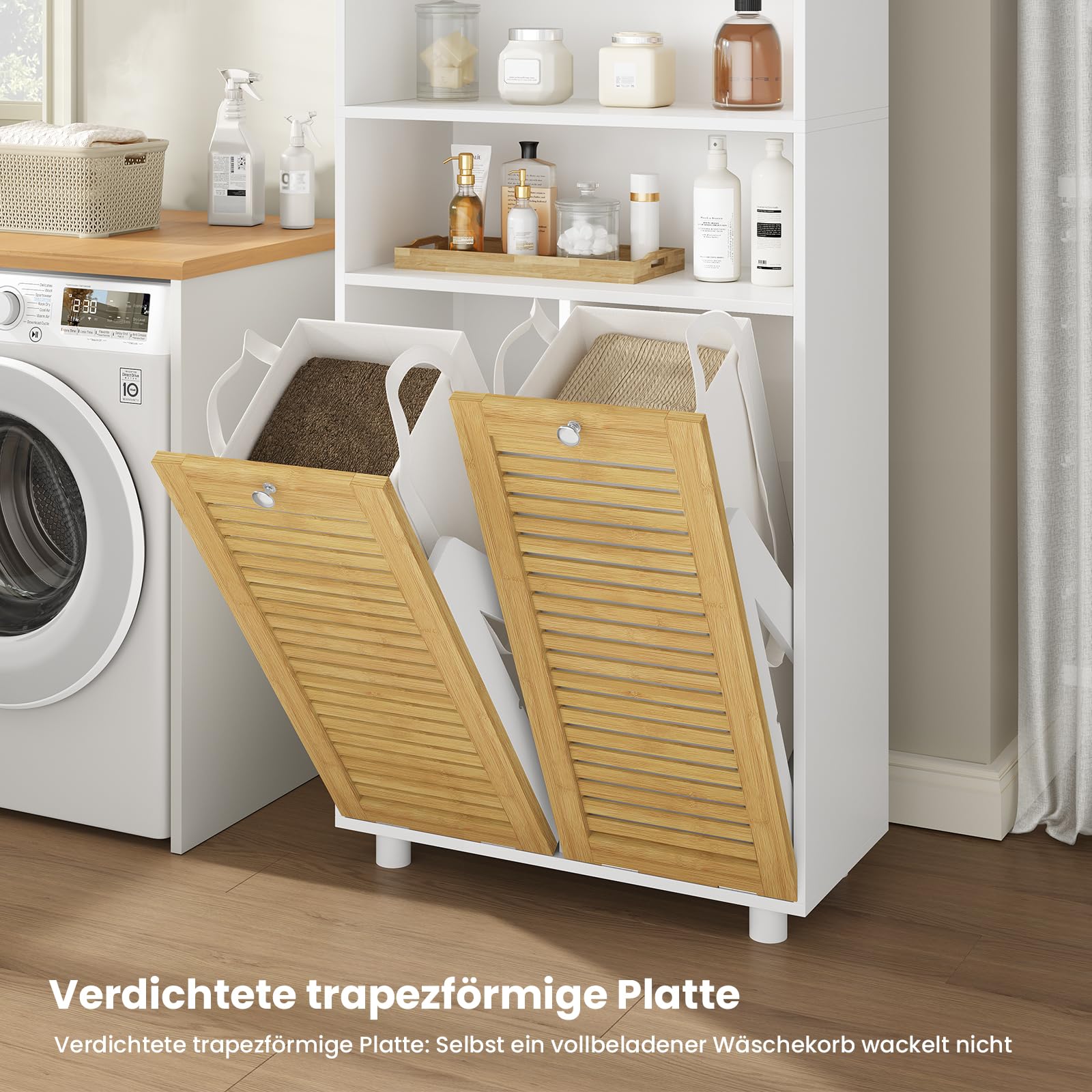 Badezimmerschrank mit Wäschekörbe, Badschrank mit 3 offenen Fächern und 2 Wäscheboxen, herausnehmbarer Wäschesack mit Griffen, Badezimmer Hochschrank mit verstellbare Ablage, 60 x 28 x 170 cm