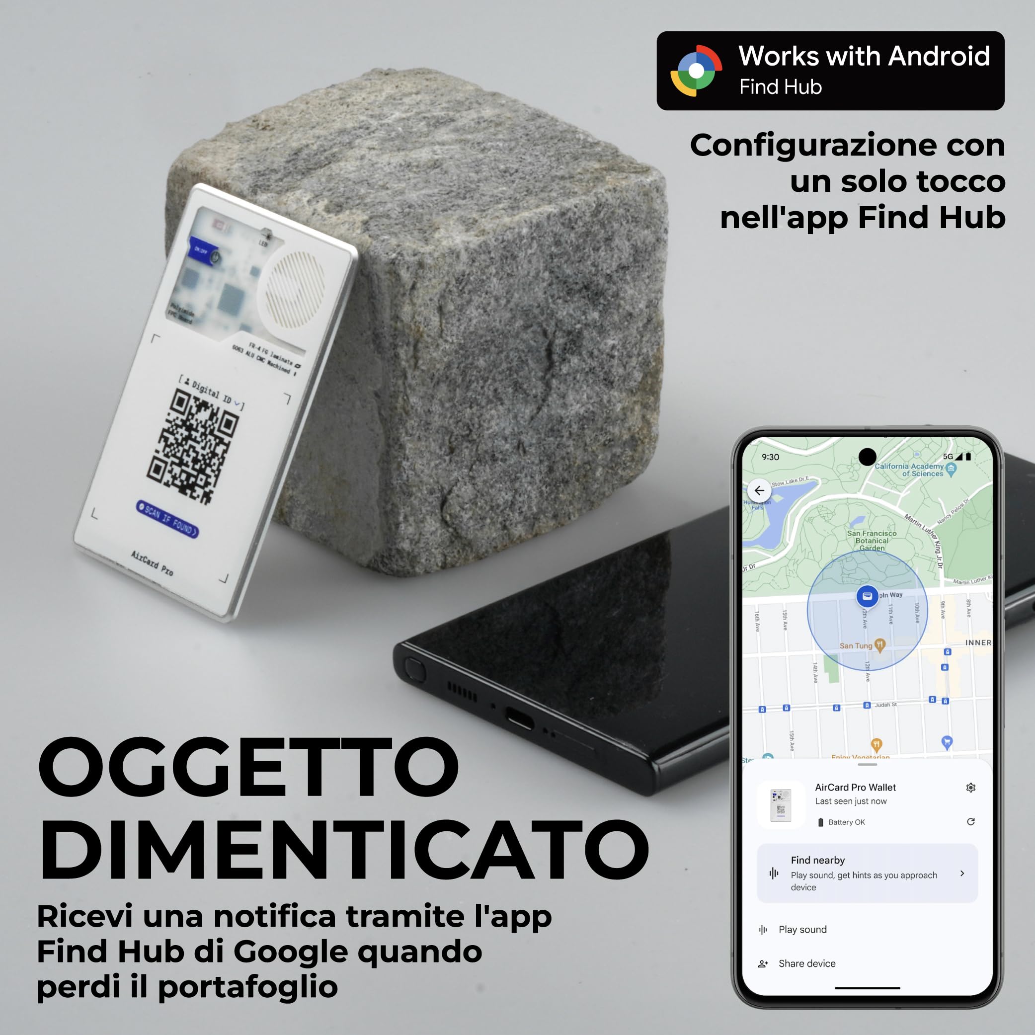 Rolling Square AirCard Pro – Wallet Tracker Card Bluetooth Compatibile Solo con Android Google Find Hub - Localizzatore Bluetooth con Ricarica Wireless e ID Digitale, Gadget Tecnologici Smart Tag (x1)