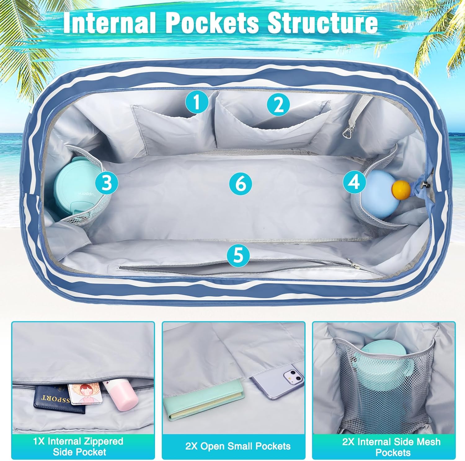 HUANLANG Extra Large Beach Bag Waterproof Beach Totes Bags for Women Men,Pool Bag with Zipper Wet Pocket - Image 4