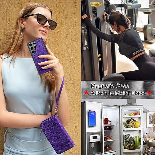 Miniatura 10 de Harryshell Funda de cuero desmontable con cremallera magnética con bolsillo para monedas, 12 ranuras para tarjetas, correa de muñeca para Samsung