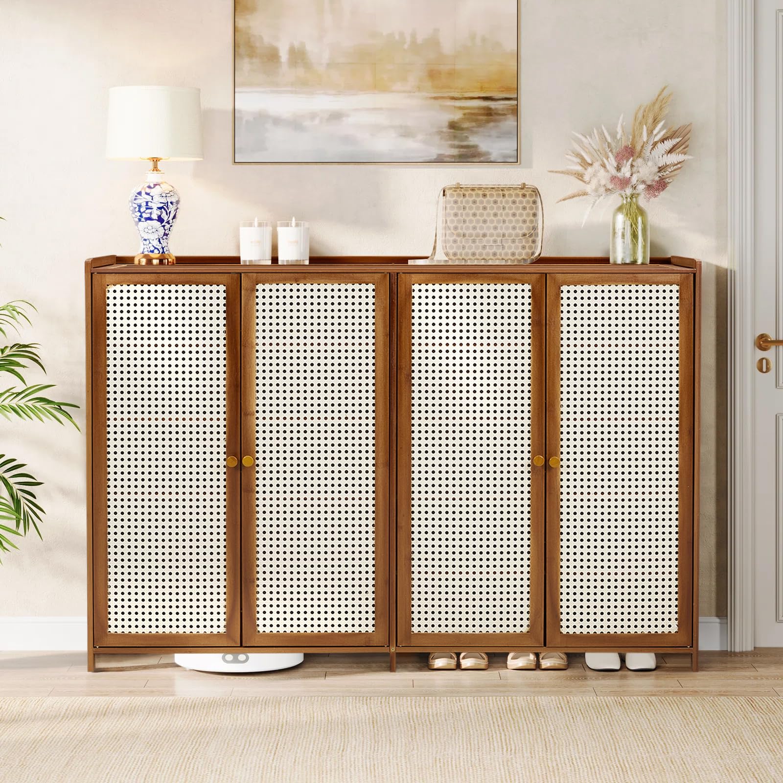 Warmiehomy Bamboo Shoe Cabinet with Doors, 6-Tier Shoe Cabinets Storage for Hallway, Freestanding Shoe Cupboard for Entryway, Living Room, Gateway, 118cm*32cm*83cm, Brown
