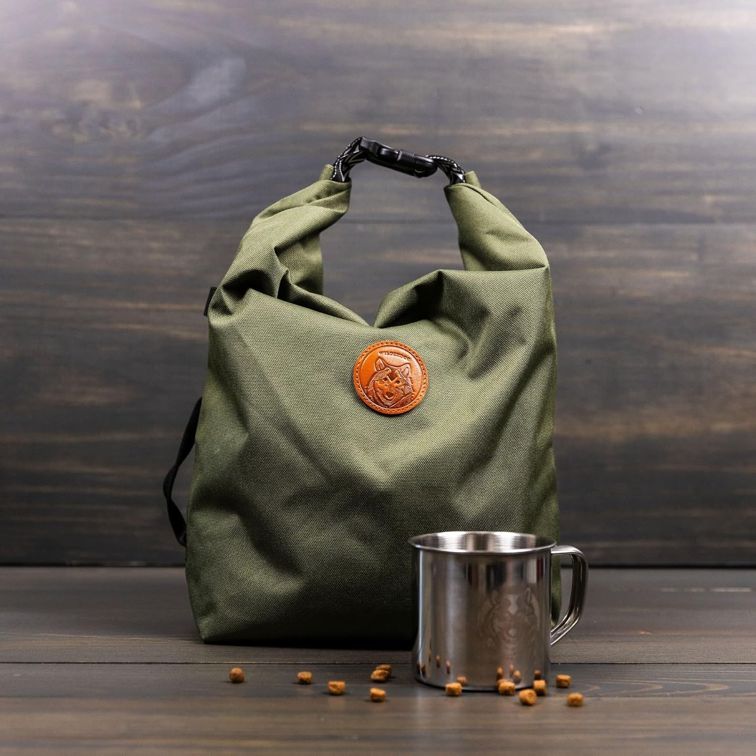 Wilderdog Doggie Bag - Water Resistant, Portable Kibble Carrier & Stainless Steel Mug - Olive