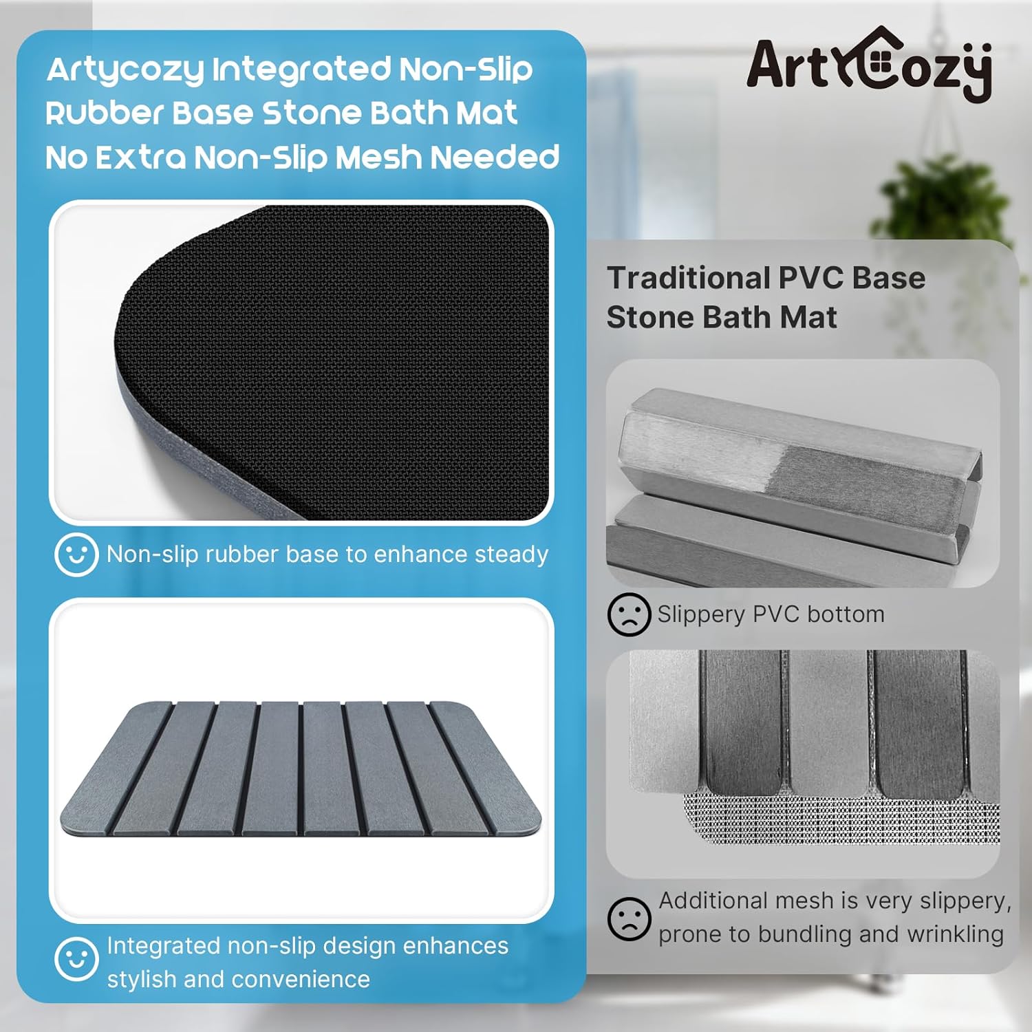 ArtyCozy Large Foldable Stone Bath Mat 28''×17'' with Non-Slip Rubber Base, Super Absorbent Quick Drying Diatomaceous Earth Mat for Bathroom, Easy to Store, Easy to Clean, Grey - Image 4