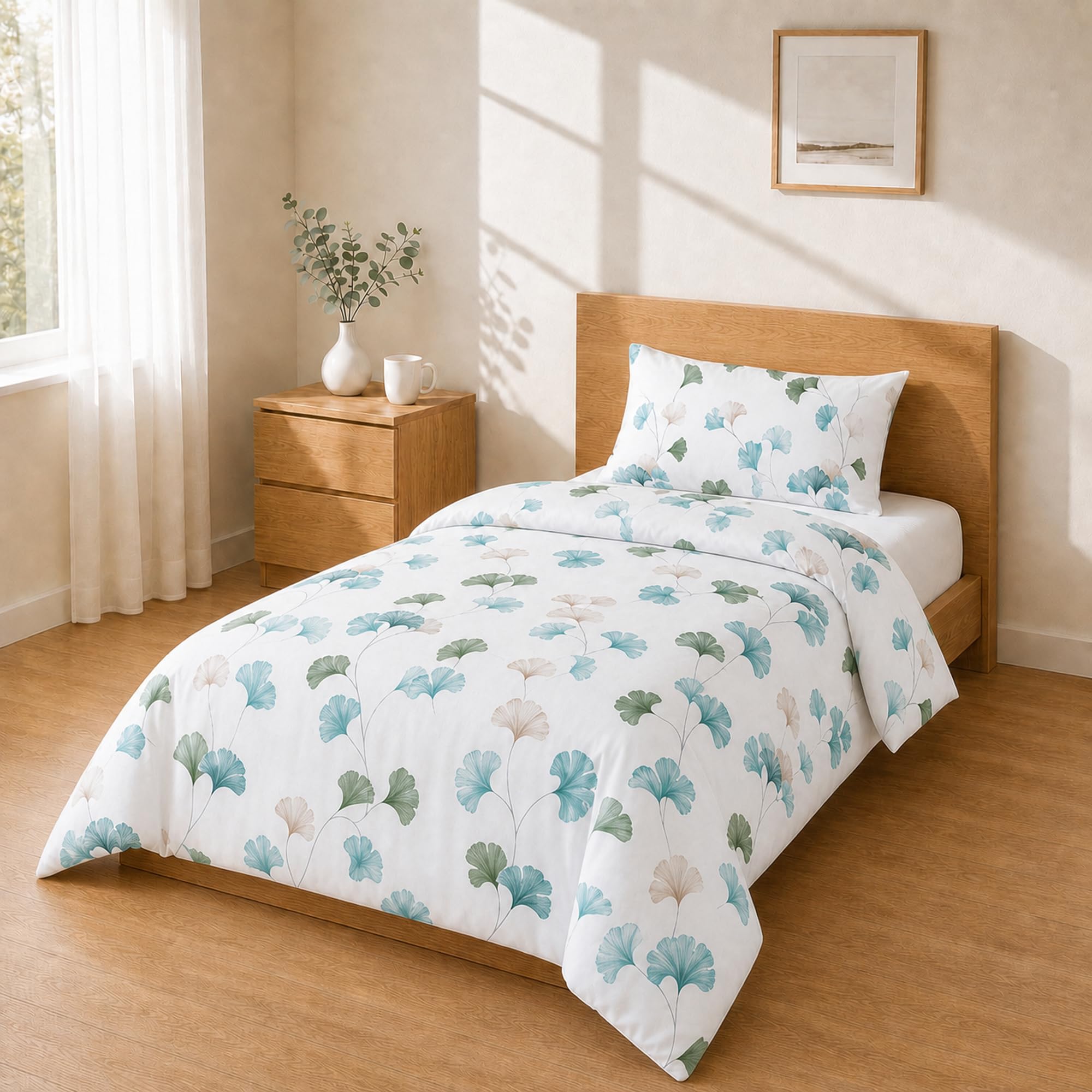 Homebliss Bed Linen Set 140 x 200 cm + 50 x 80 cm, 1 Piece, Ginkgo Leaves Green