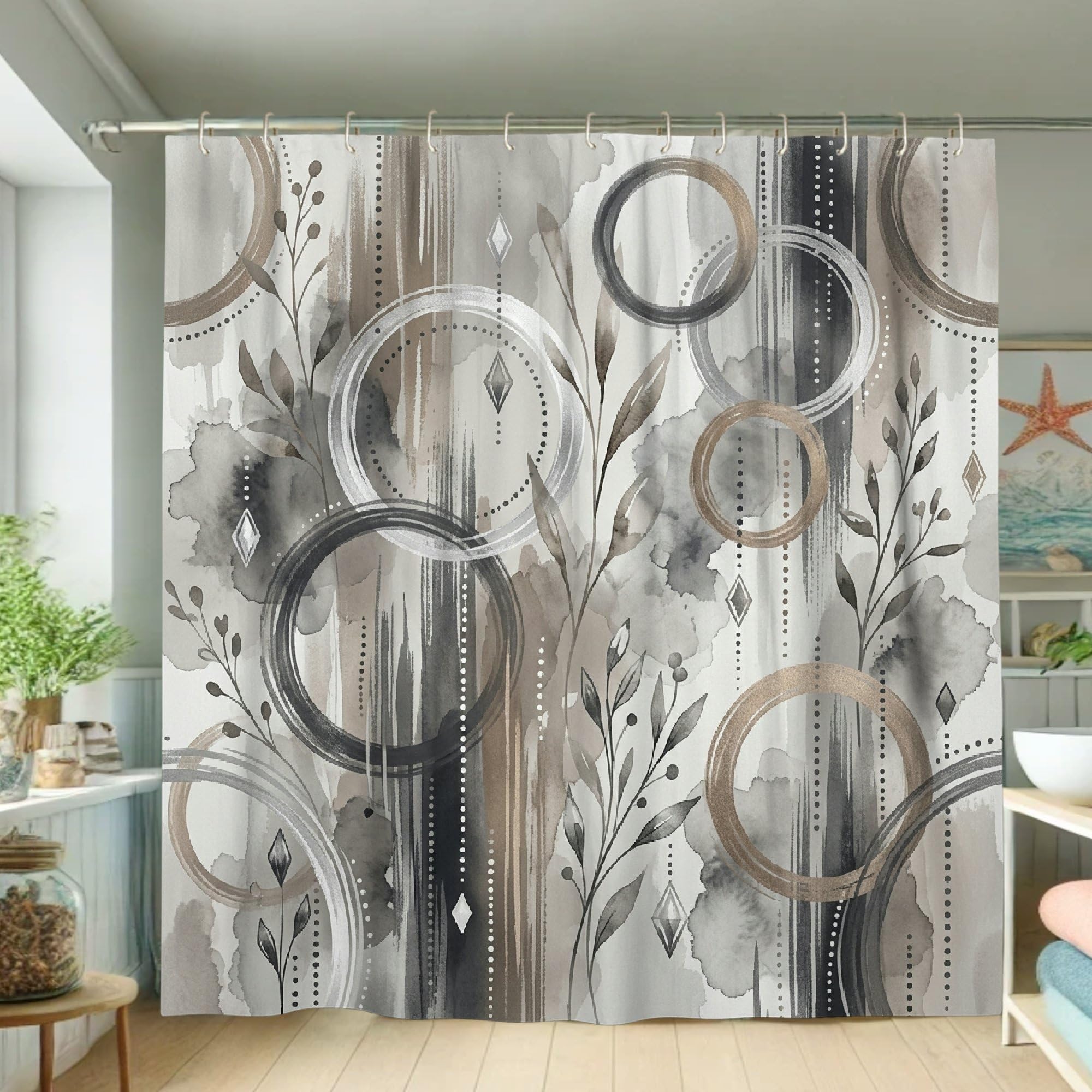 Rideau de douche cercles et feuilles en tissu imperméable de 183x183 cm