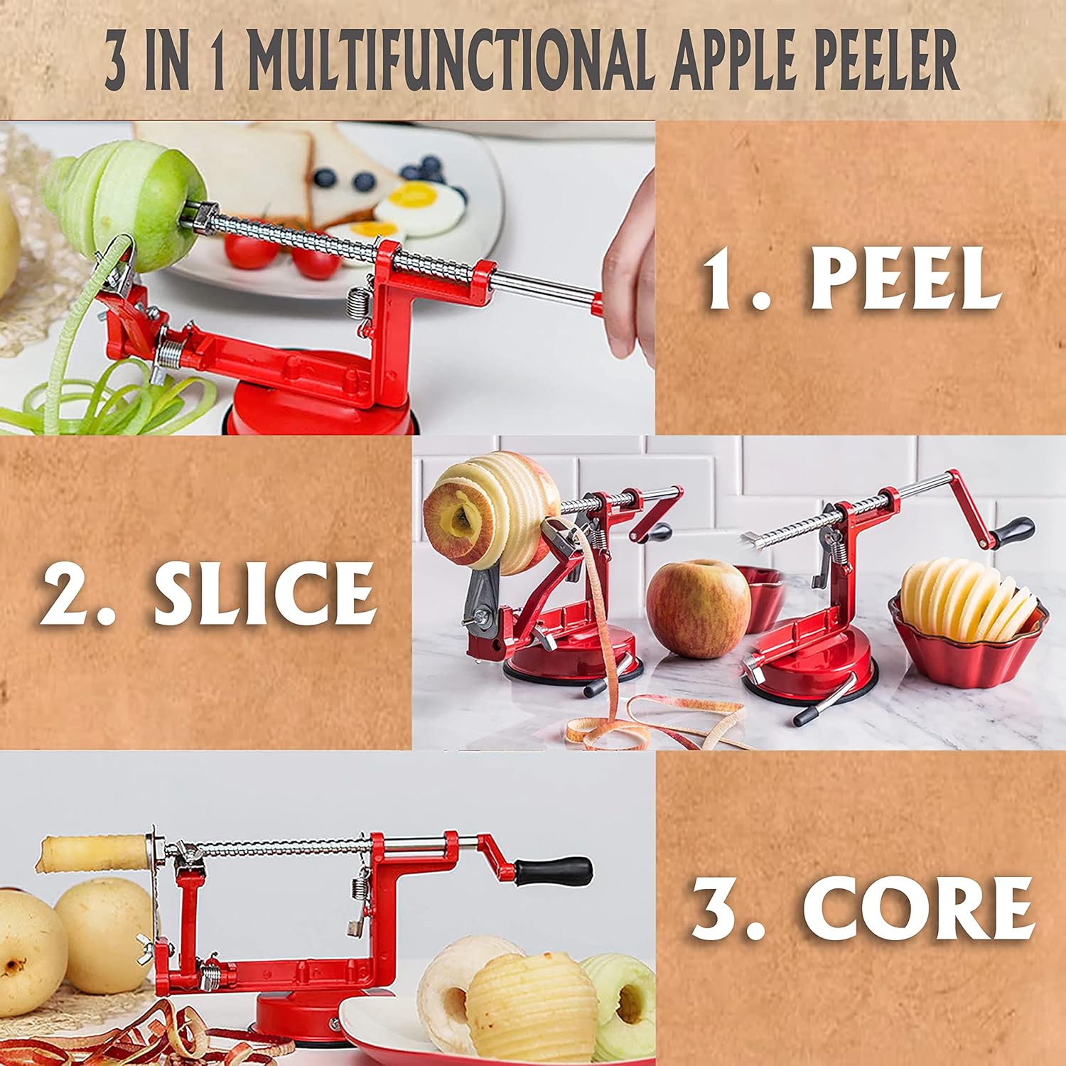 Apple Peeler Slicer Corer - Apple Spiralizer with Strong Suction & Durability - Apple Peeler Corer Slicer Suction Base made with Food Grade Stainless Steel Adjustable Blades