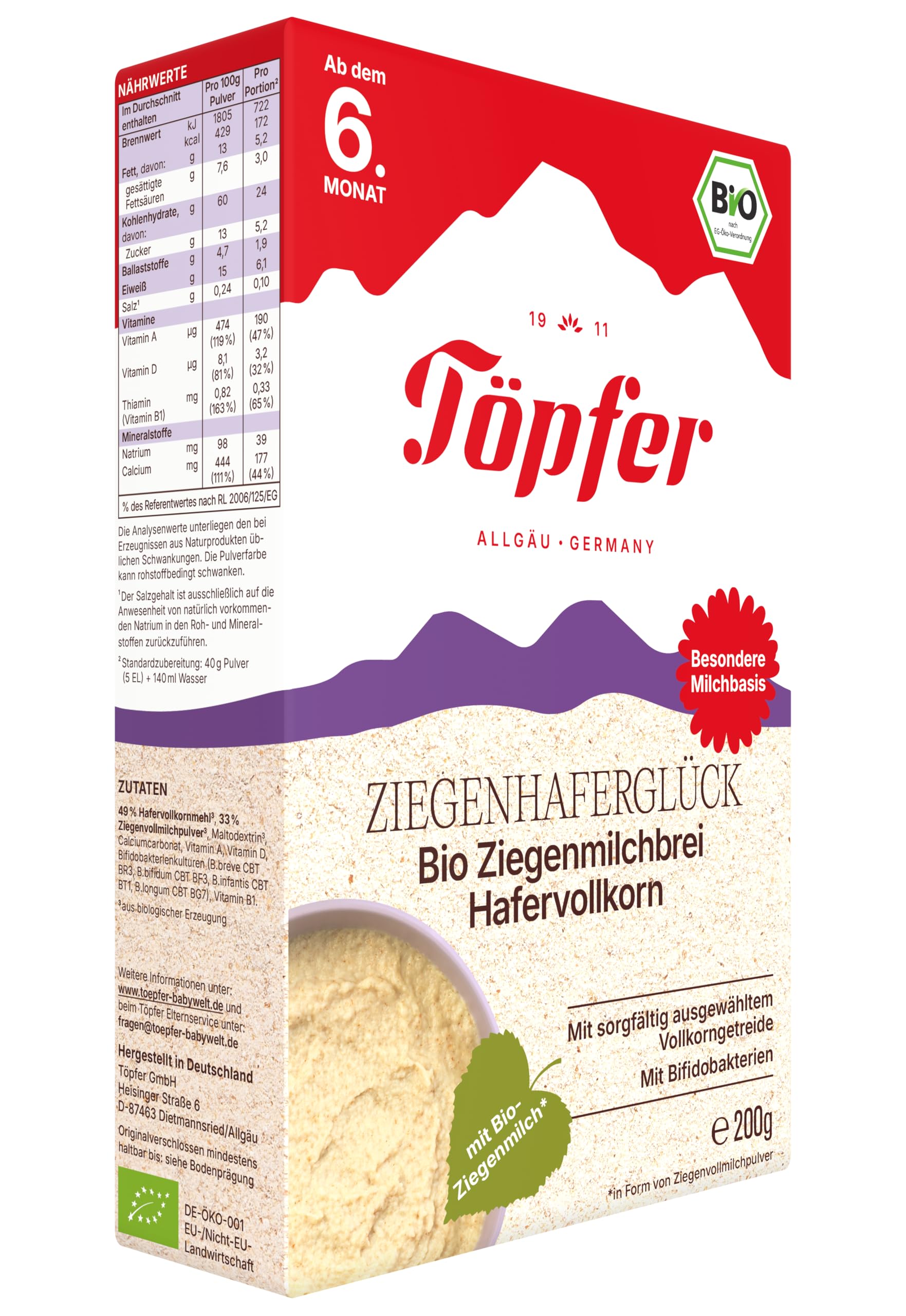 Töpfer Ziegenhaferglück Bio Ziegenmilchbrei Hafervollkorn – Babybrei ab dem 6. Monat – mit Ziegenmilch – leicht verdaulich – ohne Zuckerzusatz & ohne Aromen – 6x200g