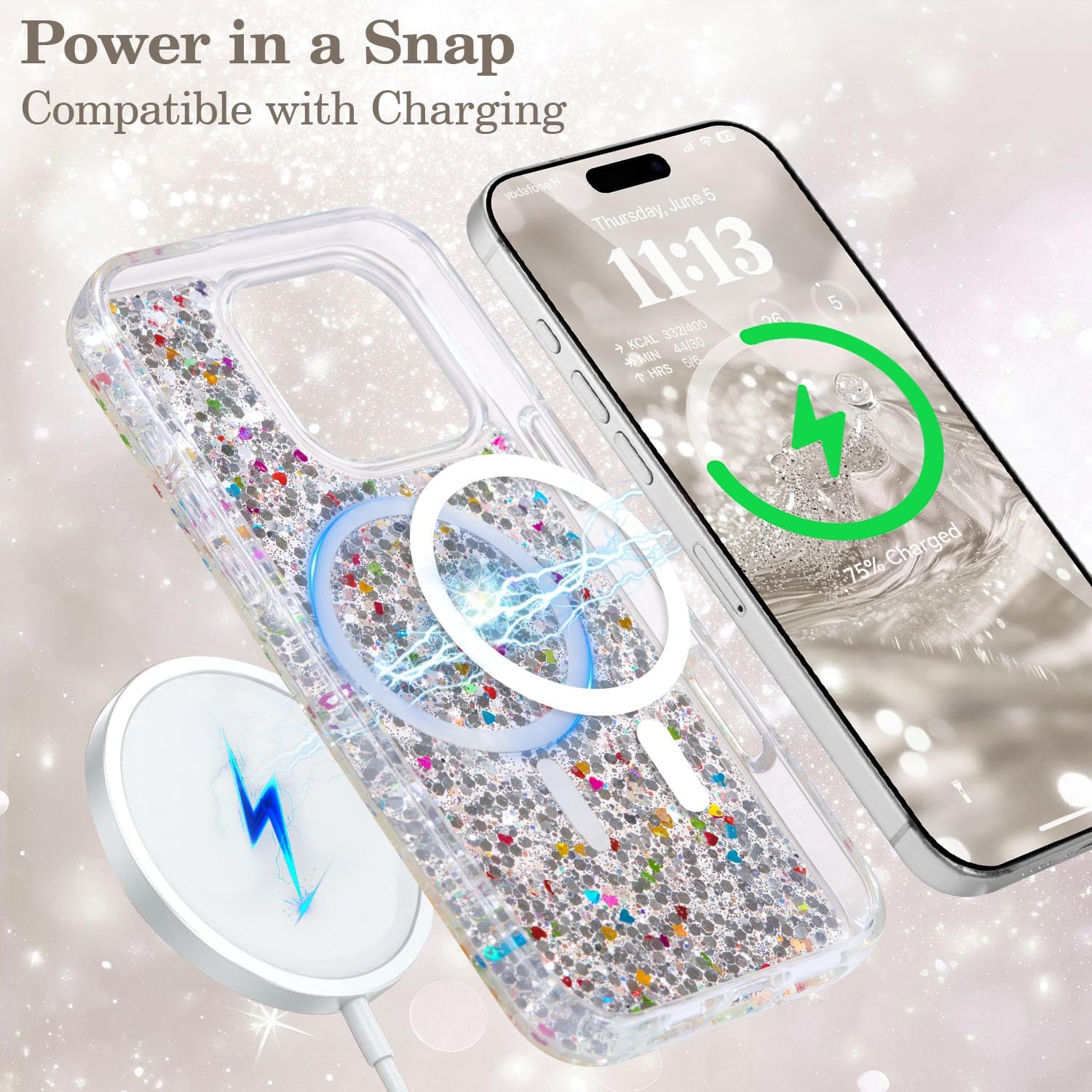 UEEBAI Glitter Case Magnetic for iPhone 15 Pro Case, Luxury Shiny Bling Sparkly Phone Cover Compatible with MagSafe, Wireless Charge Crystal Diamonds Shiny Cover for Women - Clear - Image 3