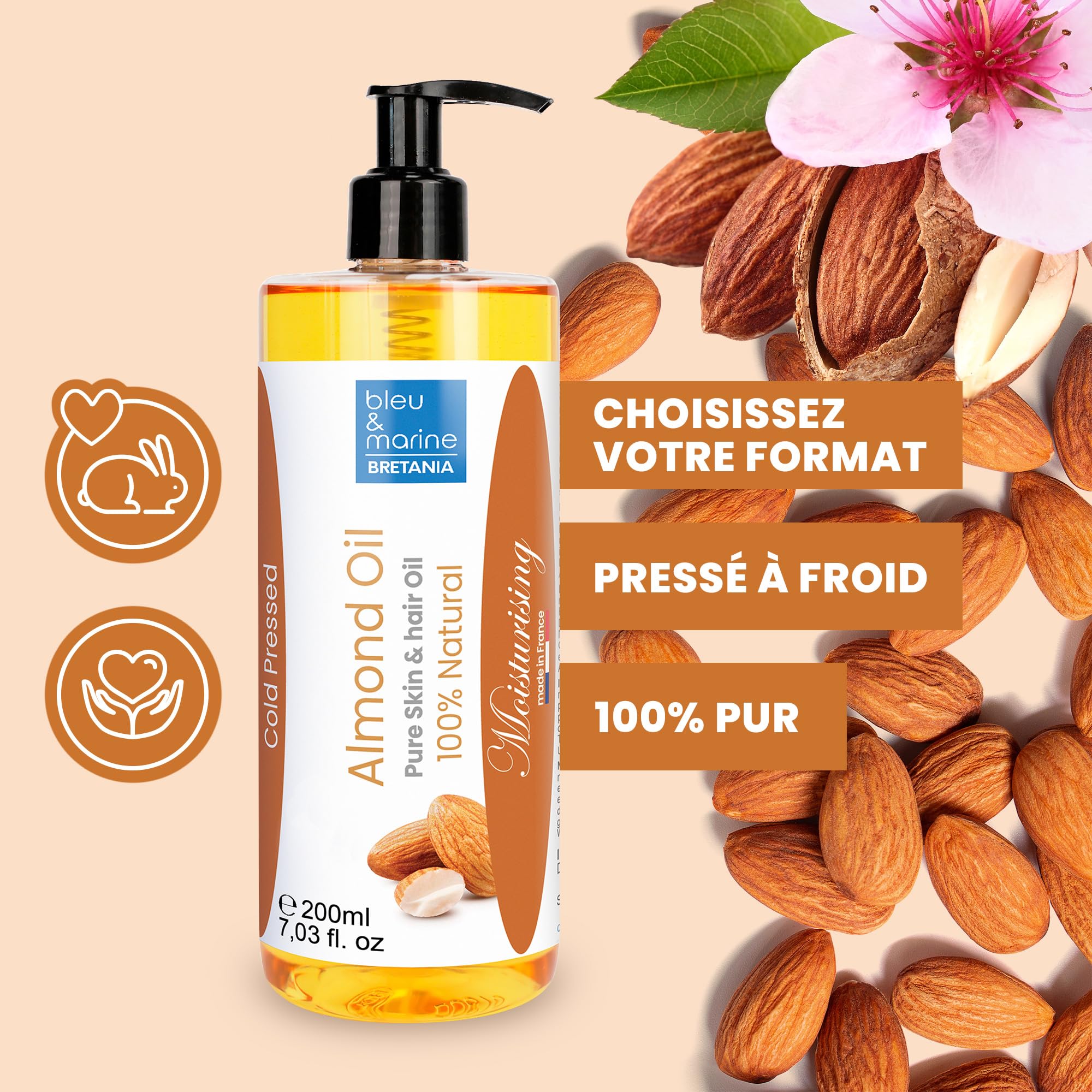 Huile Amandes Douces Pressée à Froid 5000 ml, Anti-vergetures, Hydratante, Soin Cheveux, Ongles, Cuticules, Démaquillante Naturelle
