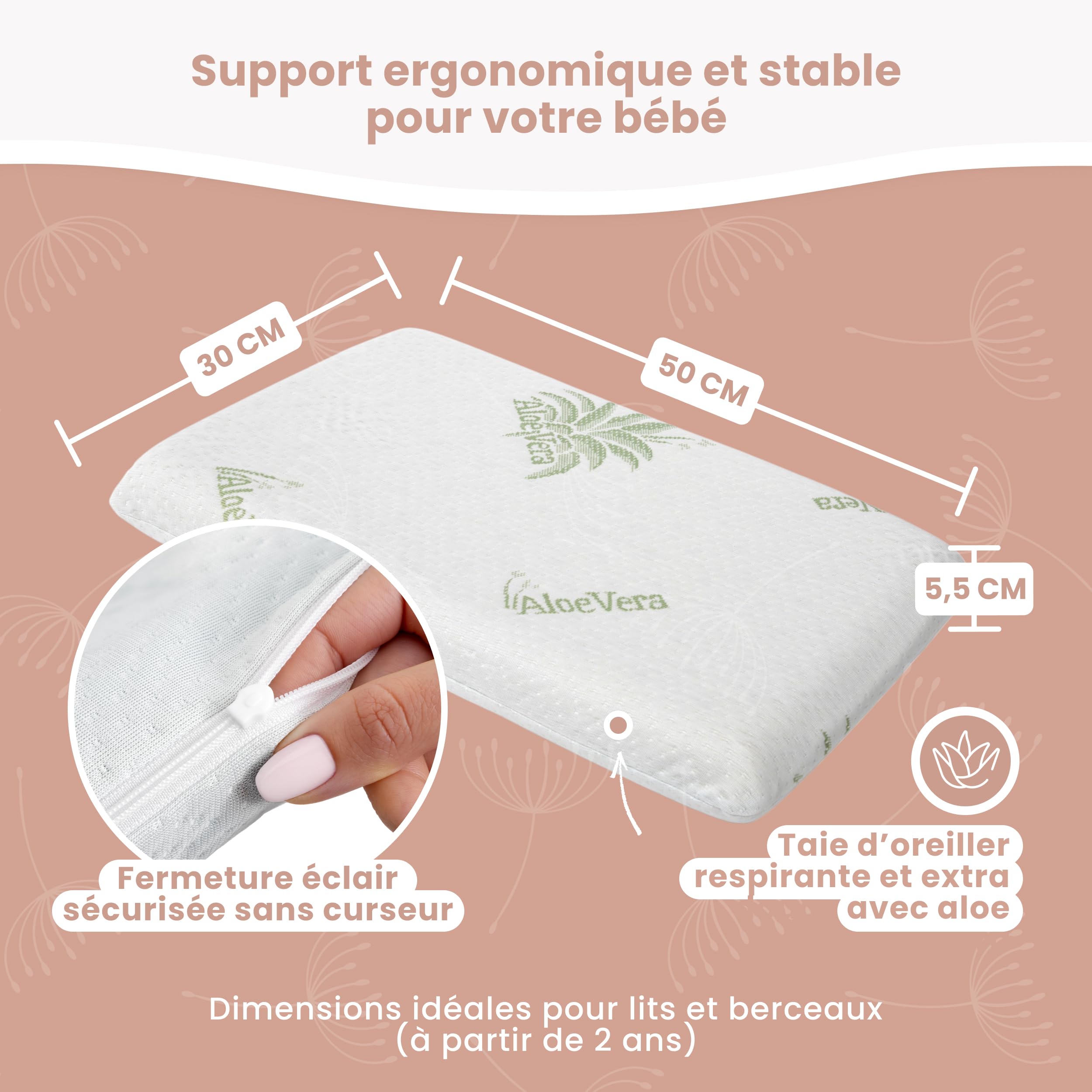 MIMUSELINA Oreiller Memoire Forme 50x30x5,5 cm pour Bébé et Enfants | Oreiller Ergonomique et Anti-Étouffement | Petit Coussin Respirant et Hypoallergénique | Housse Aloe Vera Amovible et Lavable