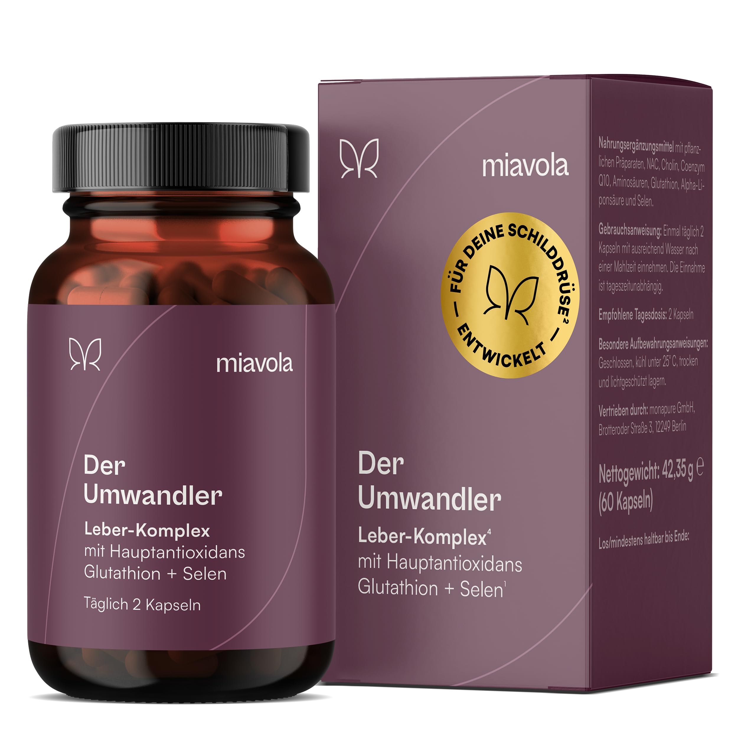 miavola® der Umwandler® Schilddrüsen & Leber Komplex mit Mariendistel, Artischocke, Cholin, Glutathion, Selen, NAC + weitere Aminosäuren - 60 Kapseln hochdosiert & vegan