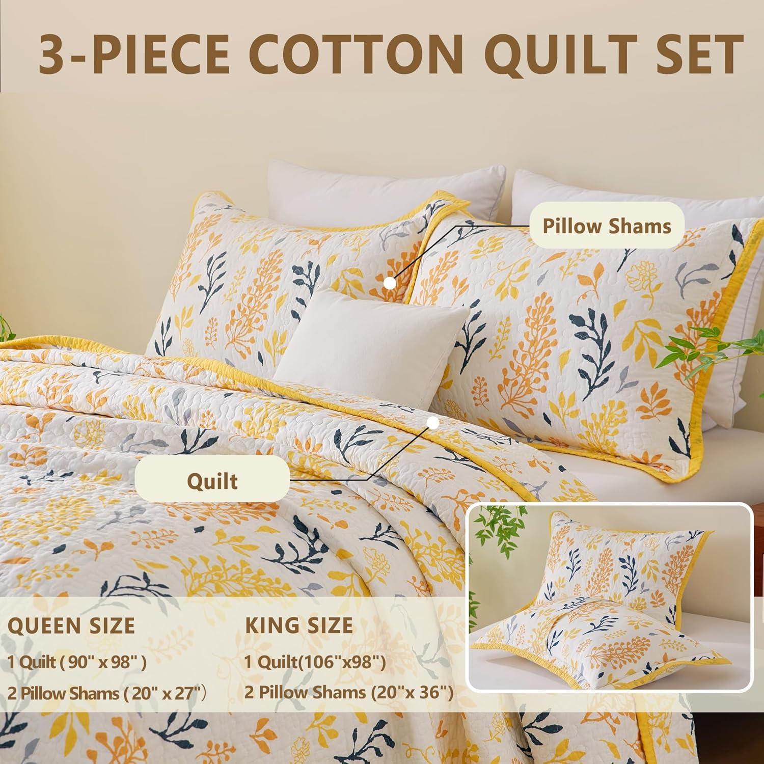 Yellow White Queen Size Quilt Set - 100% Cotton Floral Queen Quilt Set, Lightweight Farmhouse Quilted Bedspread, Prewashed Queen Quilt Bedding Set, All Season (Yellow)