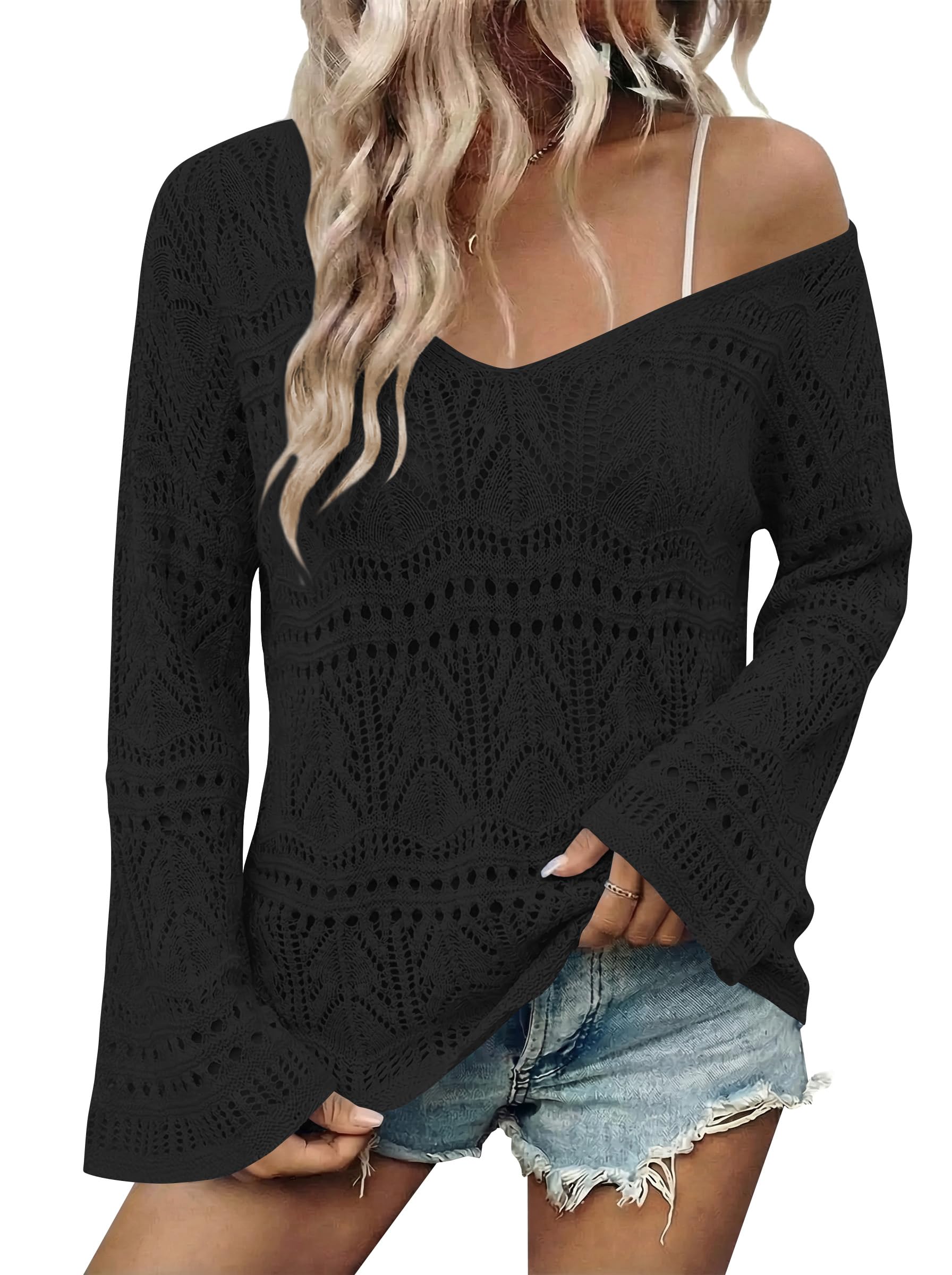 Cakulo Womens Summer Crochet Tops Boho Off Shoulder Sweaters Lightweight V Neck Loose Vacation Resort Wear 2026