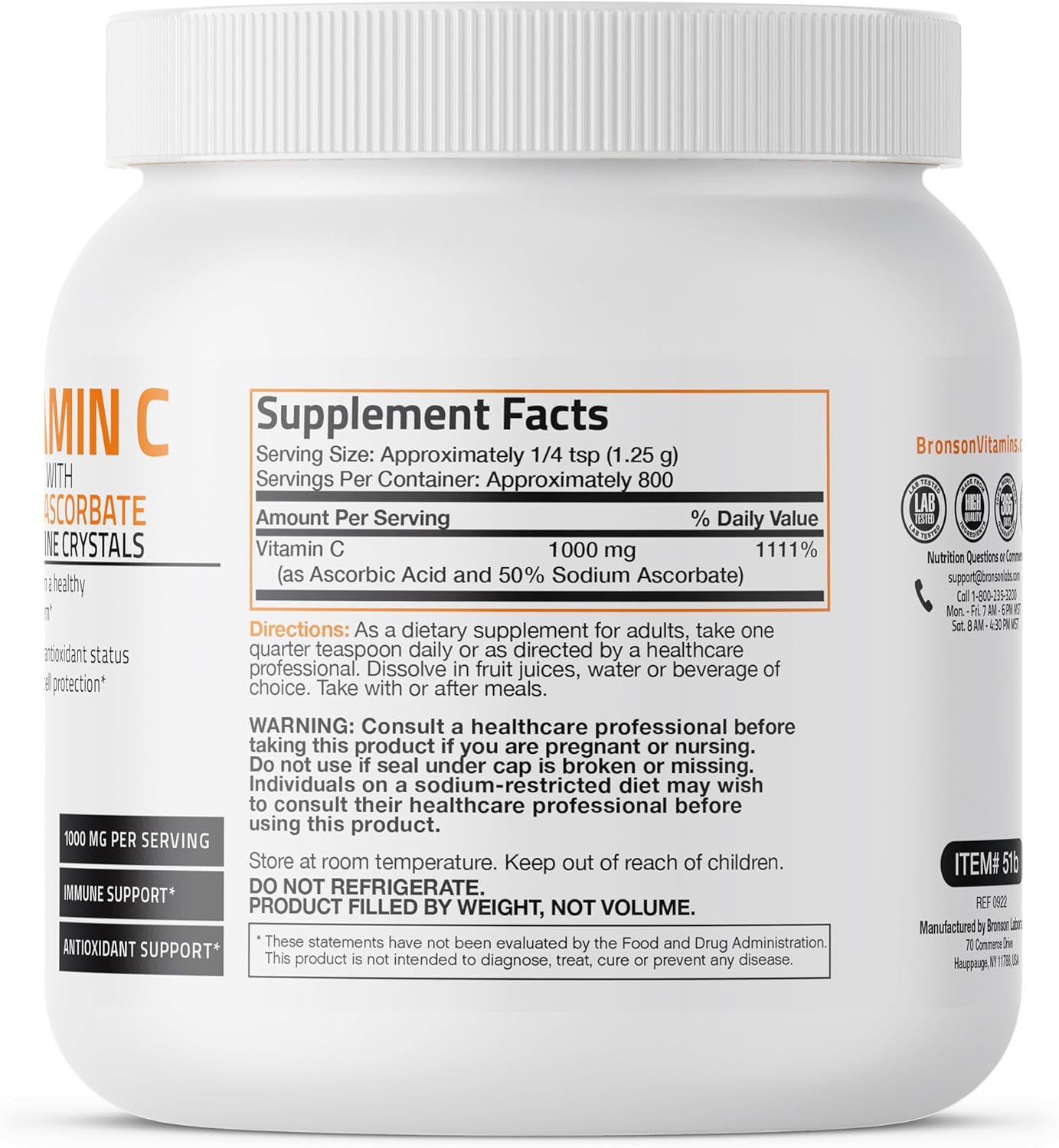 Bronson Buffered Vitamin C Powder Ascorbic Acid Buffered with Sodium Ascorbate Soluble Fine Crystals – Promotes Healthy Immune System and Cell Protection – Powerful Antioxidant - 1 Kilogram (2.2 Lbs)