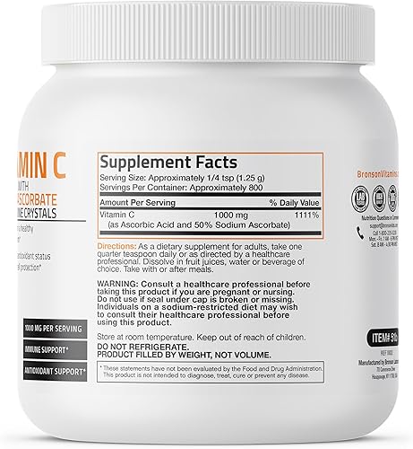 Miniatura 2 de Bronson Polvo de vitamina C tamponada con ácido ascórbico tamponado con cristales finos solubles en ascorbato de sodio - Promueve el sistema