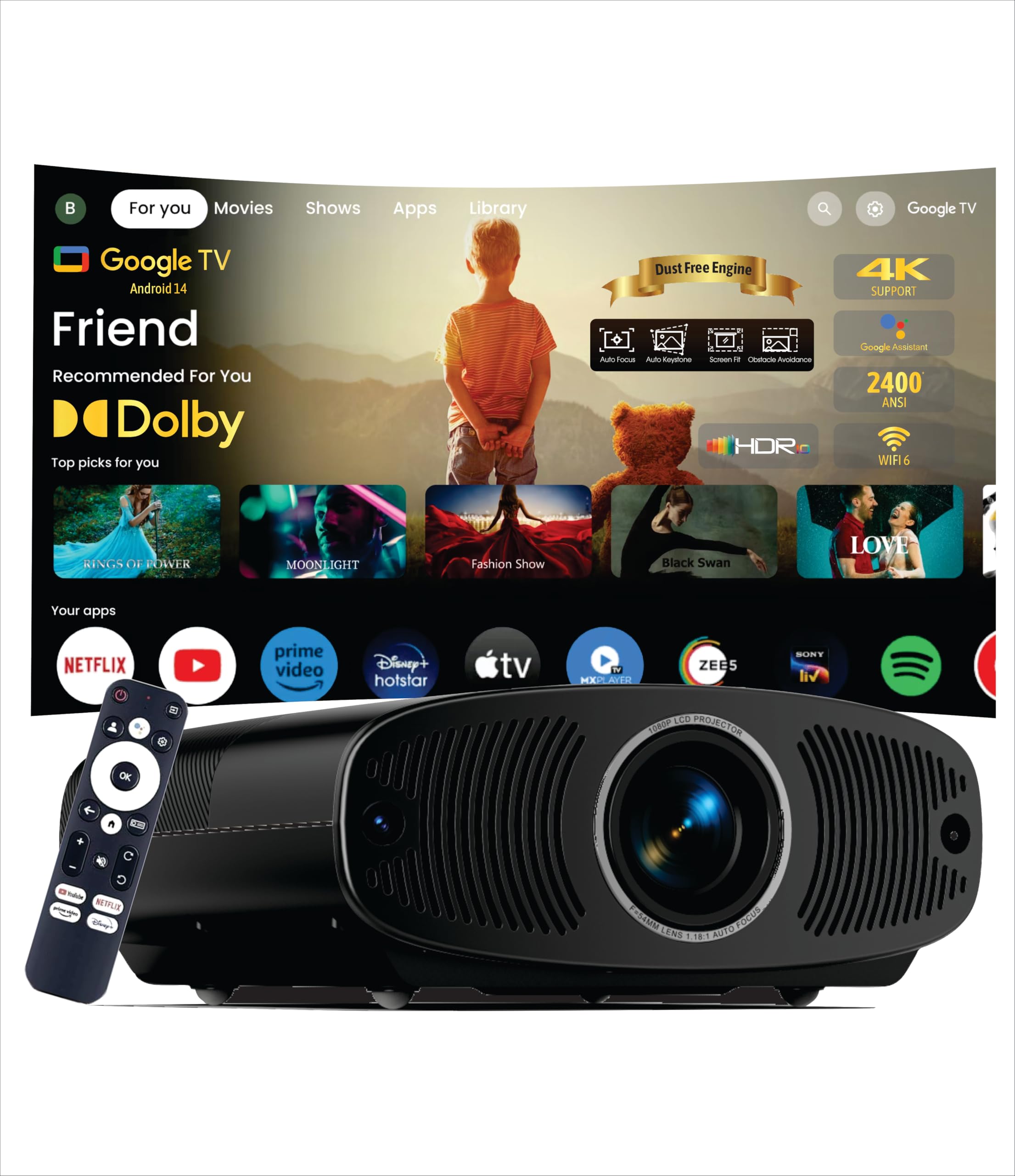 BORSSO BS40 Android Native 1080P Fully Automatic, Semi Closed Engine 4K HDR Projector for Home, Ultra Bright 2000 ANSI, Two-Way HDMI ARC & CEC, BT 5.2, Dual-Band Wi-Fi.-picture-17