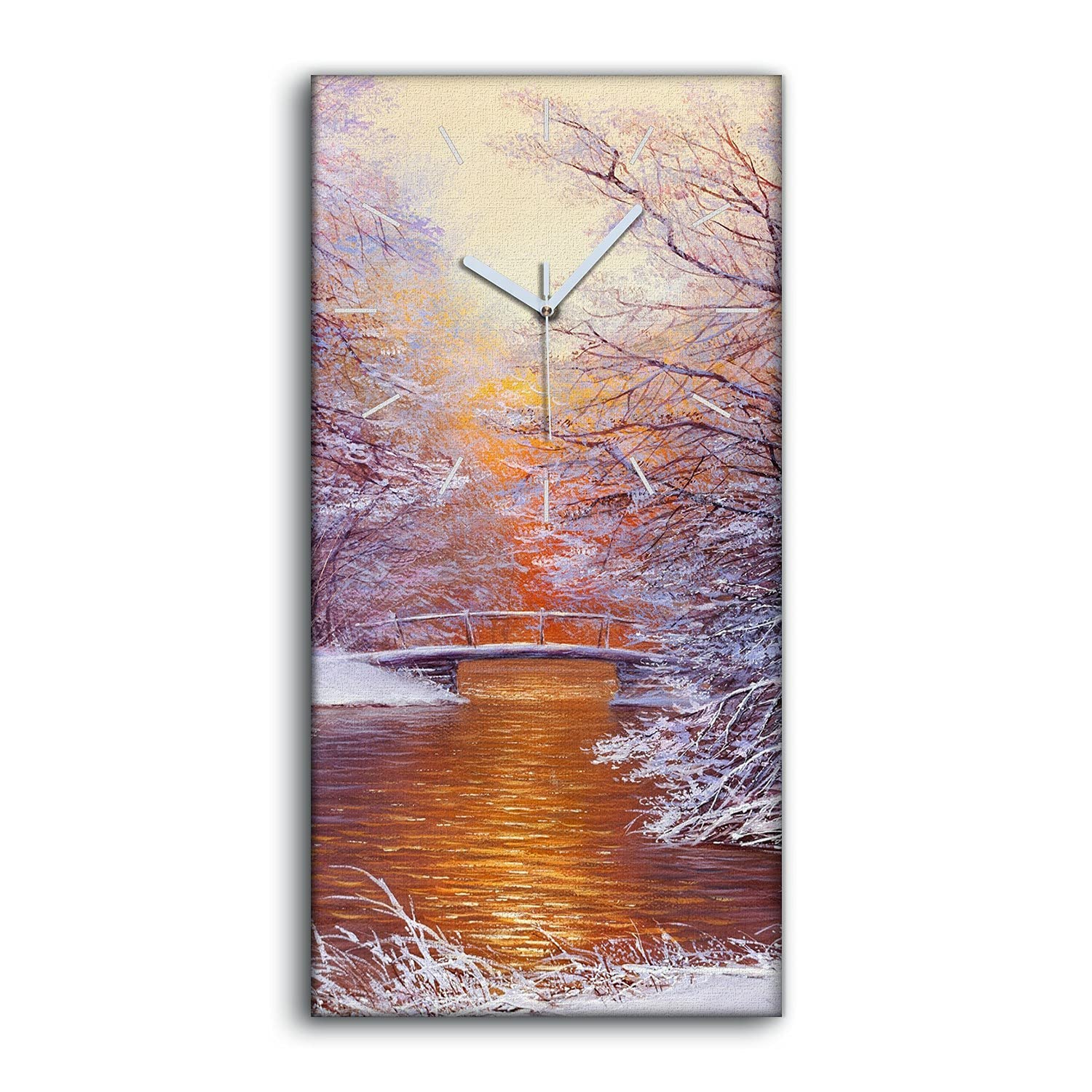 Horloge sur toile 30x60cm pour salon avec motif arbres d'hiver et de couleur blanche