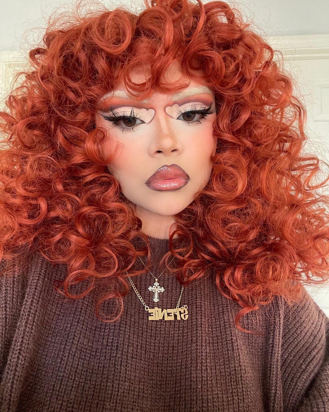 CoCrowns Curly Wig with Bangs for Black Women Long curly Shag Synthetic Hair Wigs Daily Use Cosplay 17 Inch (Ginger)