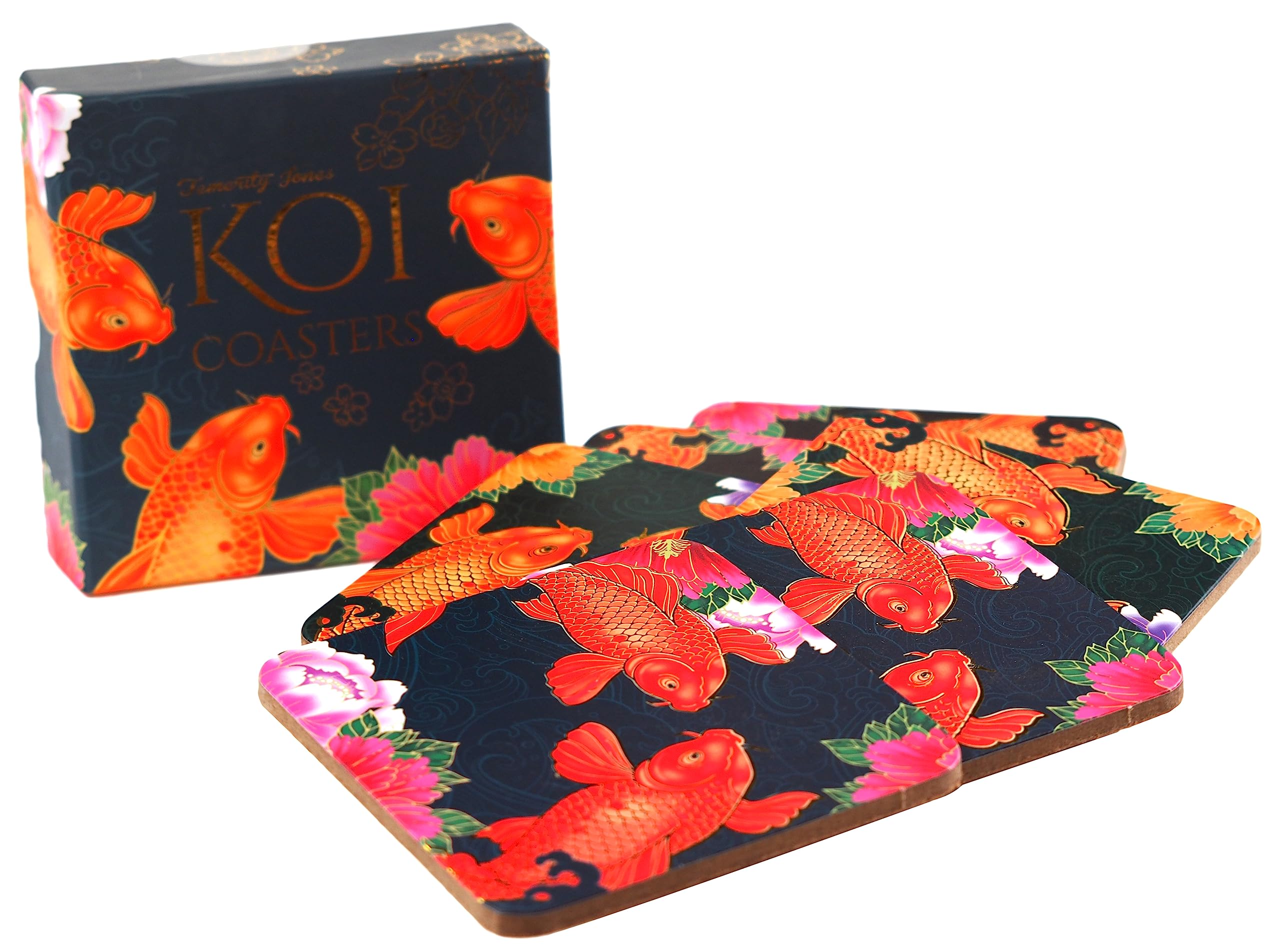 Koi Carp Gold Fish Japanese Pond Design Coasters In Gift Box - Set of 6