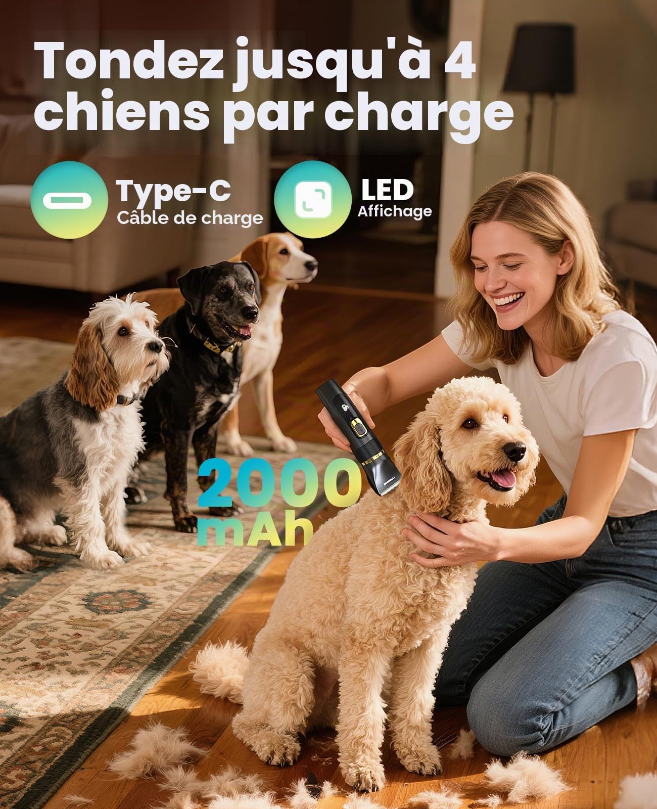 oneisall Tondeuse à cheveux silencieuse pour chiens et chats 2 000 mAh rechargeable IPX7 imperméable Barboncini