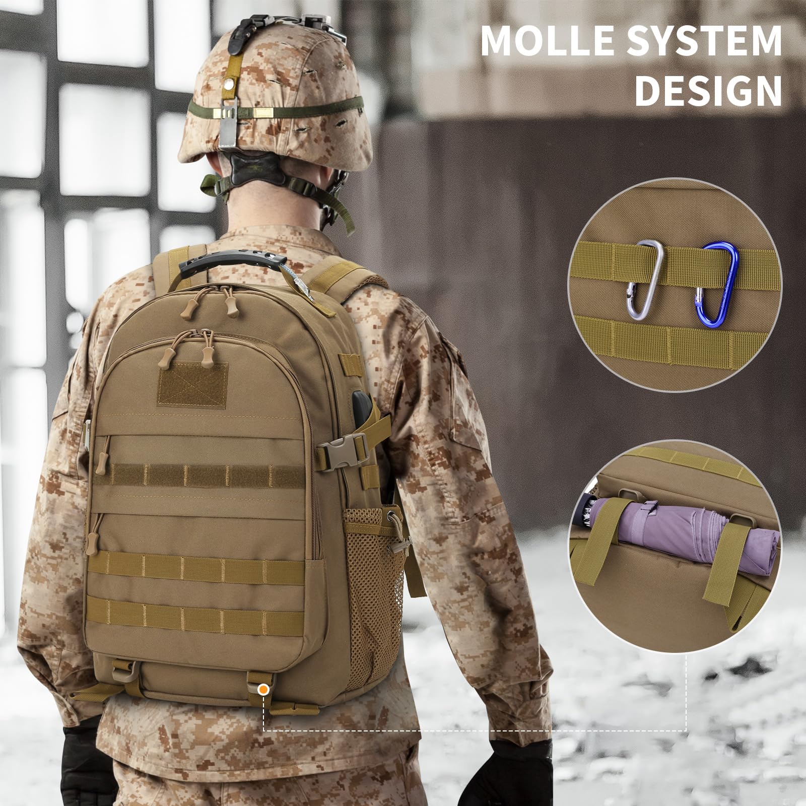HUNTVP Mochila táctica militar de 40 L, mochila grande del ejército de 3 días, mochila de asalto Molle, mochila de caza WR, Marrón oscuro, Mochila táctica Militray, mochila táctica de senderismo