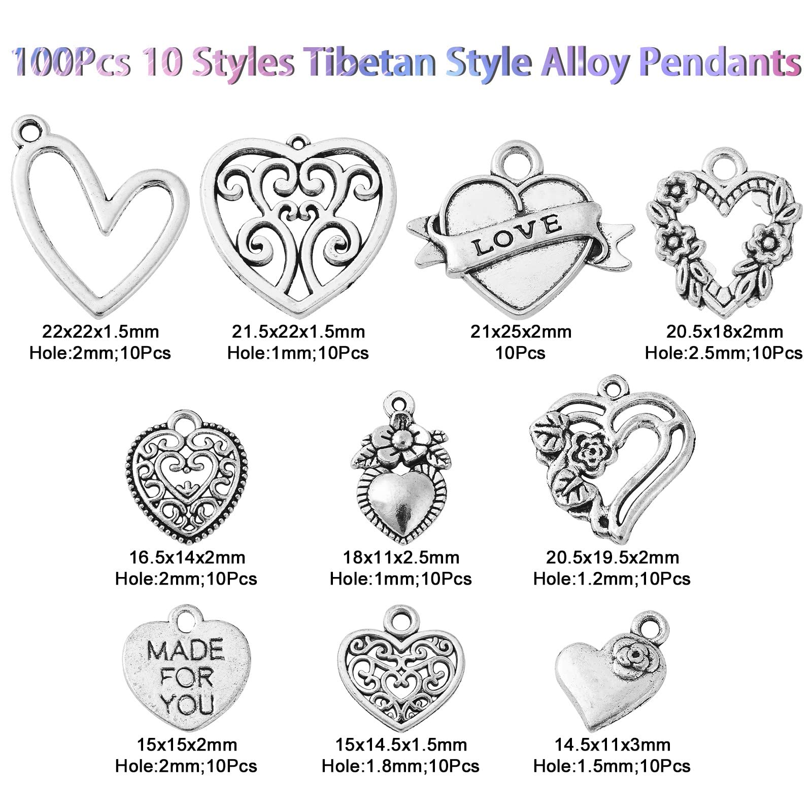 Stiesy 100Pcs 10 Styles Antique Style Heart Charms Tibetan Silver Sweet Heart Dangle Charms for DIY Crafts Jewelry Making - Image 2