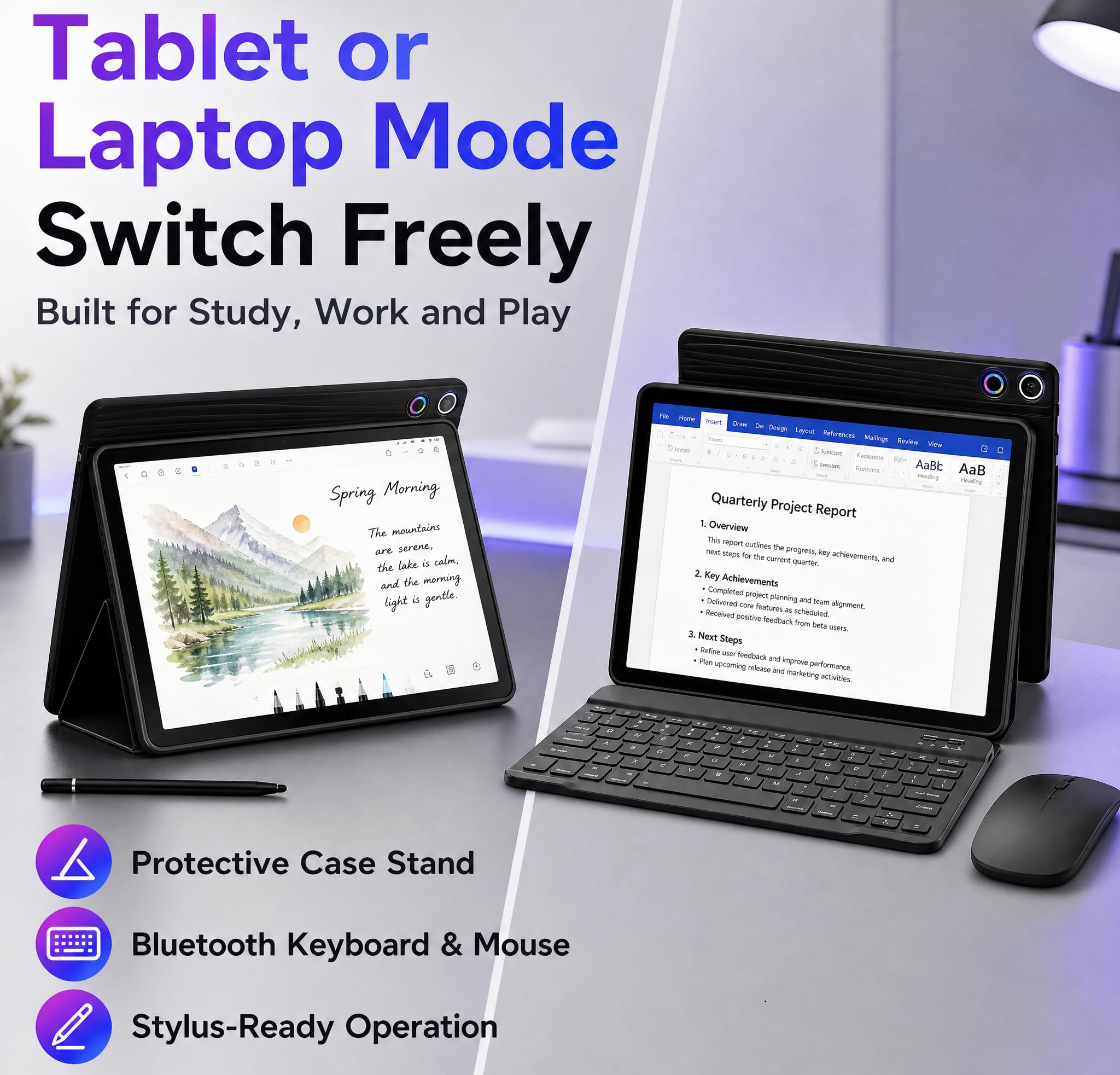Tablet Android 16 de 10.1 pulgadas con pantalla táctil IPS HD, cámara dual, almacenamiento de 64 GB de expansión de 1 TB, kit de tabletas 8 en 1 con teclado, funda protectora, mouse, lápiz óptico, BT