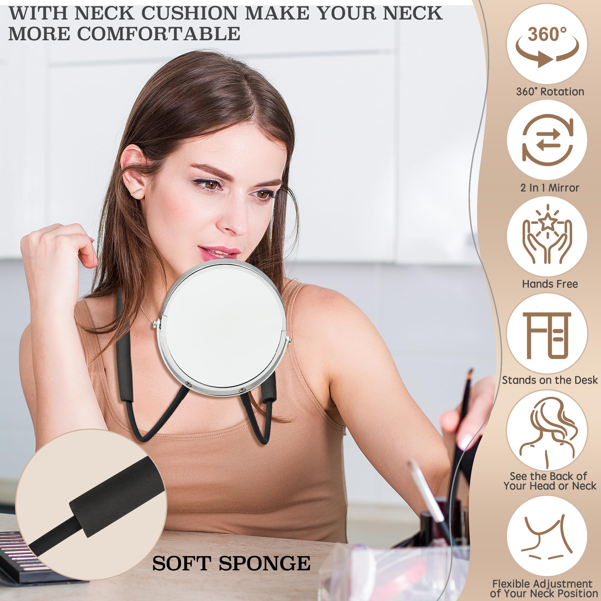Miroir Double Face 360° Pour Voir L'Arrière De La Tête - Grossissement X5 Et Standard - Bras Flexible, Mains Libres