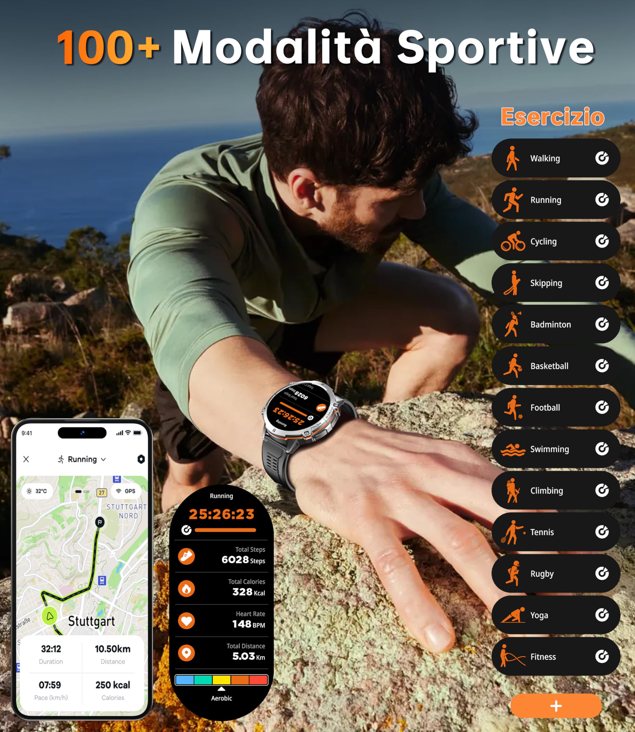 OUKITEL Orologio Smartwatch Uomo BT13 - Militare Smart Watch Tracker Attività con Chiamate Bluetooth 1000mAh 1.73" AMOLED 100+ Sportive IP68 Impermeabile Cardiofrequenzimetro/SpO2 per Android iOS