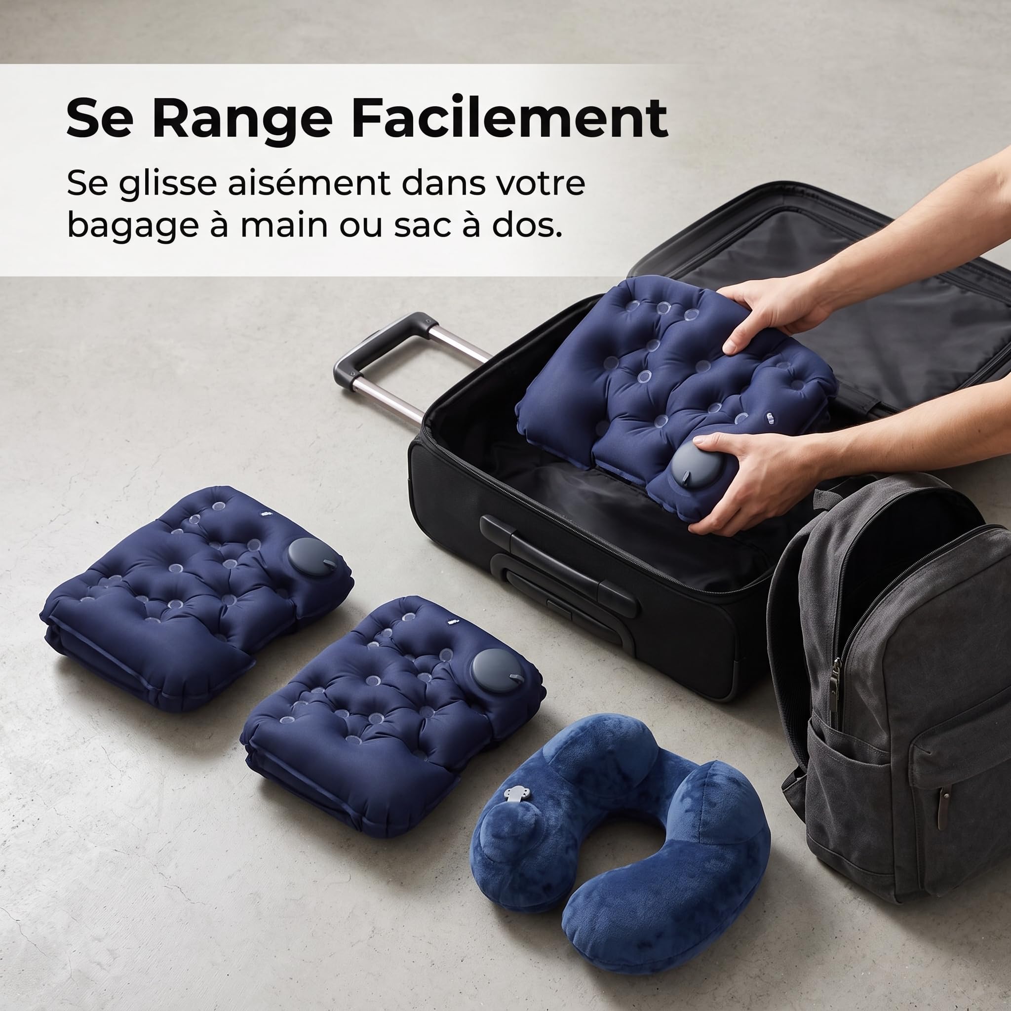 Homyl Oreiller Gonflable et Coussin Soutien Pliable pour Avion, Voiture ou Bureau, Coussin Lombaire Gonflable à Pression + Oreiller de Voyage en Forme de U à Bosse de Chameau, Couleur Bleu Marine