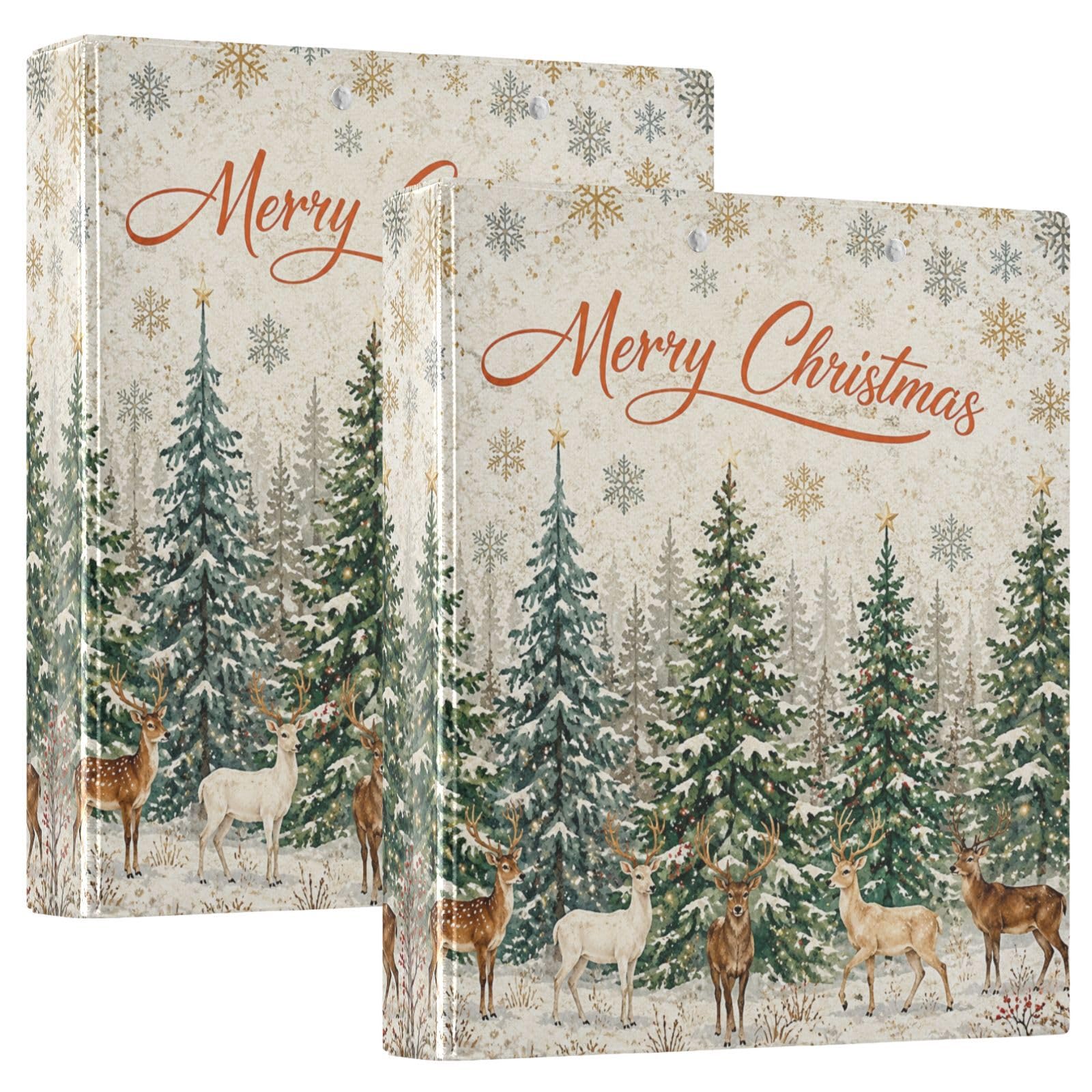 Winter Forest Deer Christmas 3 Ring Binder with 2 Interior Pockets 1.5 inch Binders 3 Ring Heavy Duty Fit 8.5" x 11" Letter Size for Office School, 2 Pack