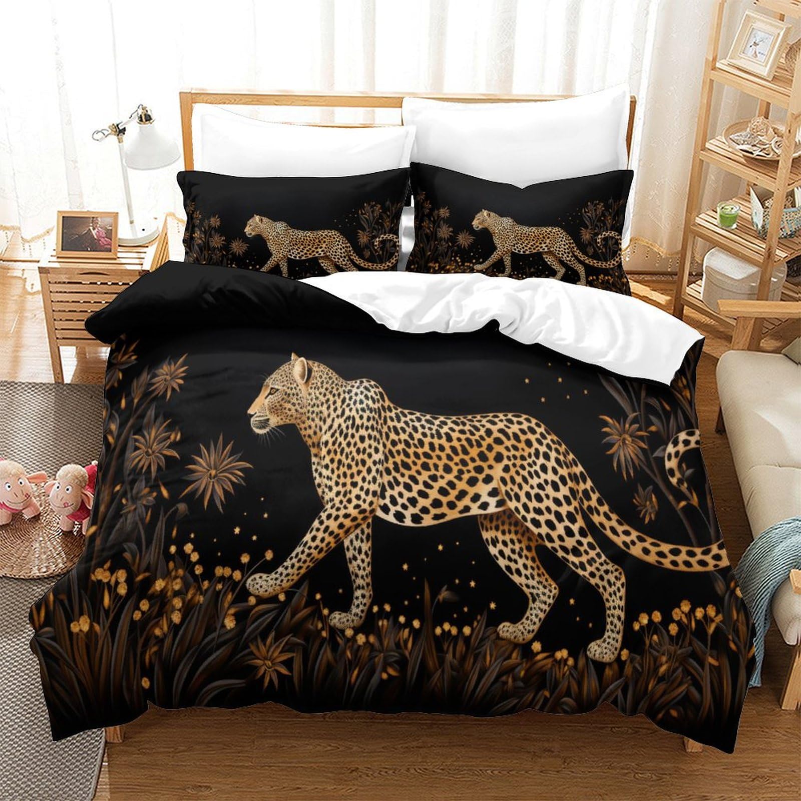 P1S9U7W5Y Golden Cheetah 3D Printed Duvet Cover Set 3pcs Microfiber Leopard Bedding Set King