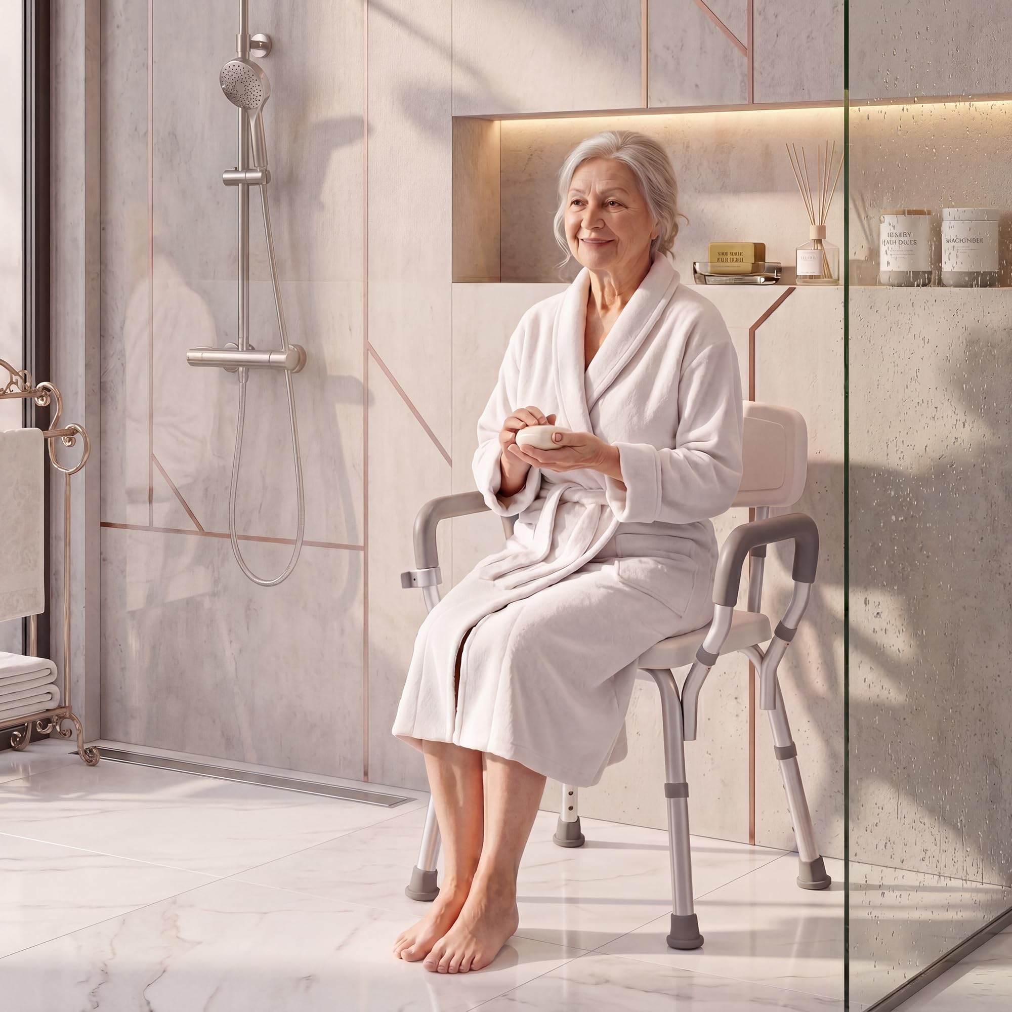 RELAX4LIFE Silla Ducha con Reposabrazos, Taburete Baño Ortopédico con 6 Alturas Ajustables, Soporte para Cabezal de Ducha, Marco de Alumnio, Asiento Antideslizante para Baño, Carga 136 kg