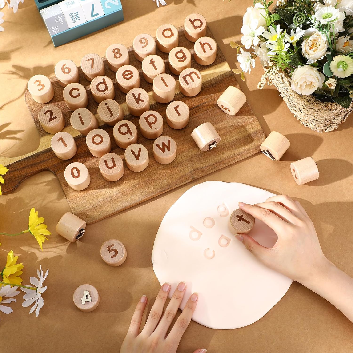 Affrolling Wooden Alphabet & Number Modeling Clay Stamps Set ABC Letter Mathematics Learning Flashcard Toys Clay Stamps Lowercase for Arts Supplies Crafts Educational Gifts for 4-8 Year Old