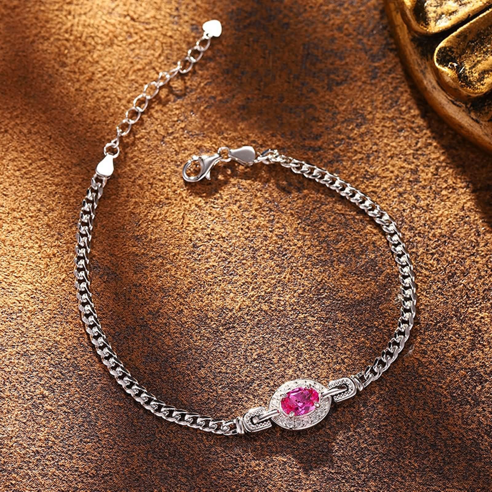 Pulsera de Oro Blanco Mujer 9 Kilates / 14 Kilates / 18 Kilates, Oval con Zafiro Rosa Creado de 1,2 ct y Moissanita, Cadena Extensible 16 CM + 5 CM, Pulseras para Mujer Ajustable Plata Rosa