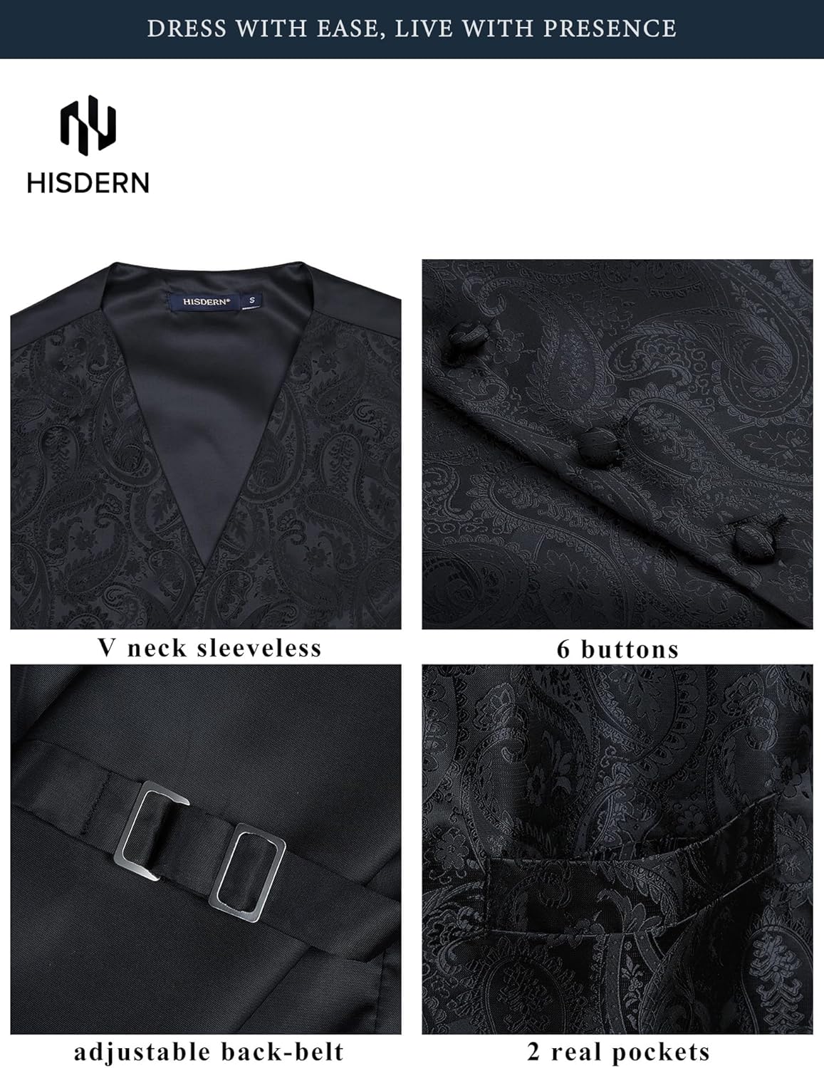 HISDERN Mens Vest Tie Set 3PC Formal Waistcoat Paisley Floral Jacquard Necktie Pocket Square Suit Vests Wedding Party - Image 7