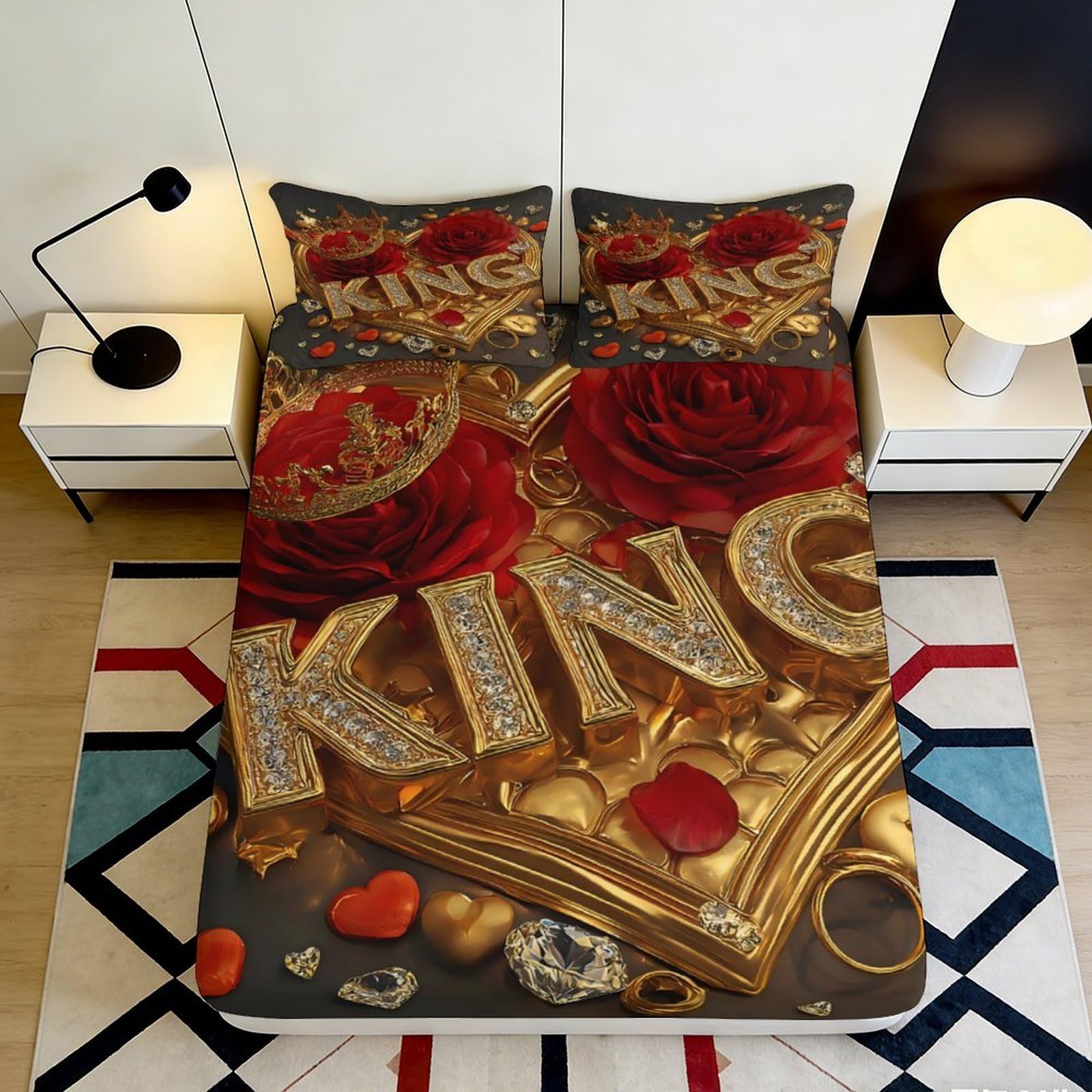 3D Printed Gold Crown Rose Fitted Sheet Microfiber Soft King Letter Mattress Cover for Bedroom Guest Room Decor 200x200x25cm