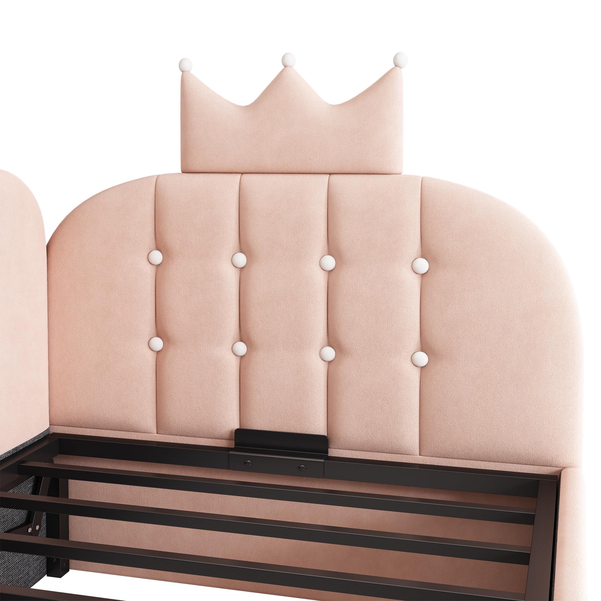 Mrwoo Cama día 90x190 cm con Almacenamiento Hidráulico, Sofá Cama con Diseño de Corona y Rejilla, Cama Infantil, Terciopelo, Rosa(Sin Colchón)