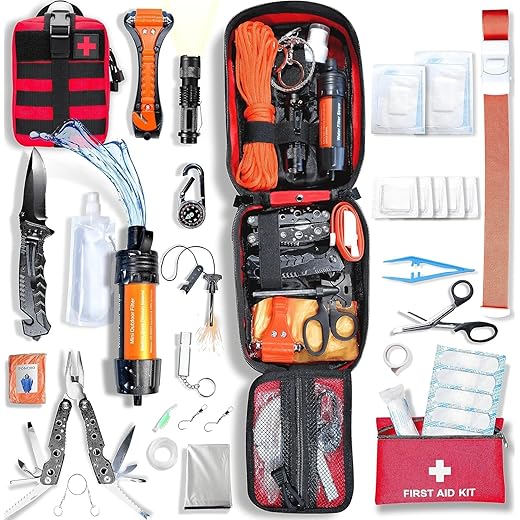 WONCROW ® Kit de Survie Complète + Trousse de Secours + Paille Filtrante + Sac + Pierre Allume Feu Couverture Pince Multifonction Outils Accessoire Militaire Boite Gadget Premiers Soins Pêche