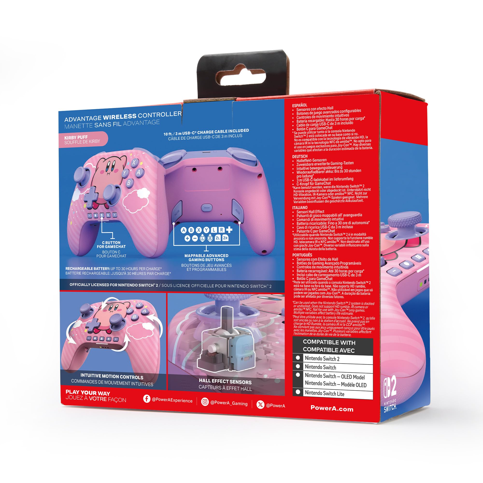 PowerA Controller senza fili Advantage per Nintendo Switch 2 - Kirby Soffio potenteCon licenza ufficiale, effetto Hall, pulsanti mappabili, controller pro, Pulsante C, comandi di movimento