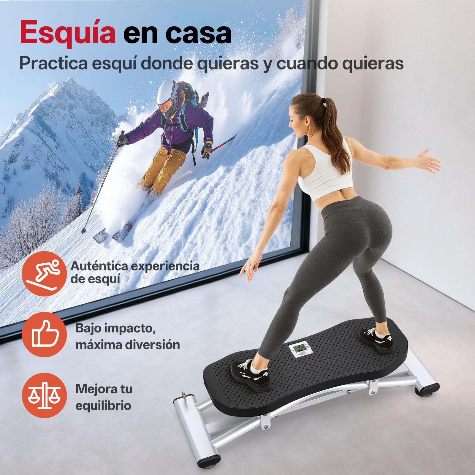 PASYOU Tabla de Equilibrio Simulador de Esquí, Tabla oscilante con Bandas de Resistencia, Entrenador portátil de Equilibrio Wiggle con Monitor LCD, Capacidad de 136 kg, Ejercicio Completo