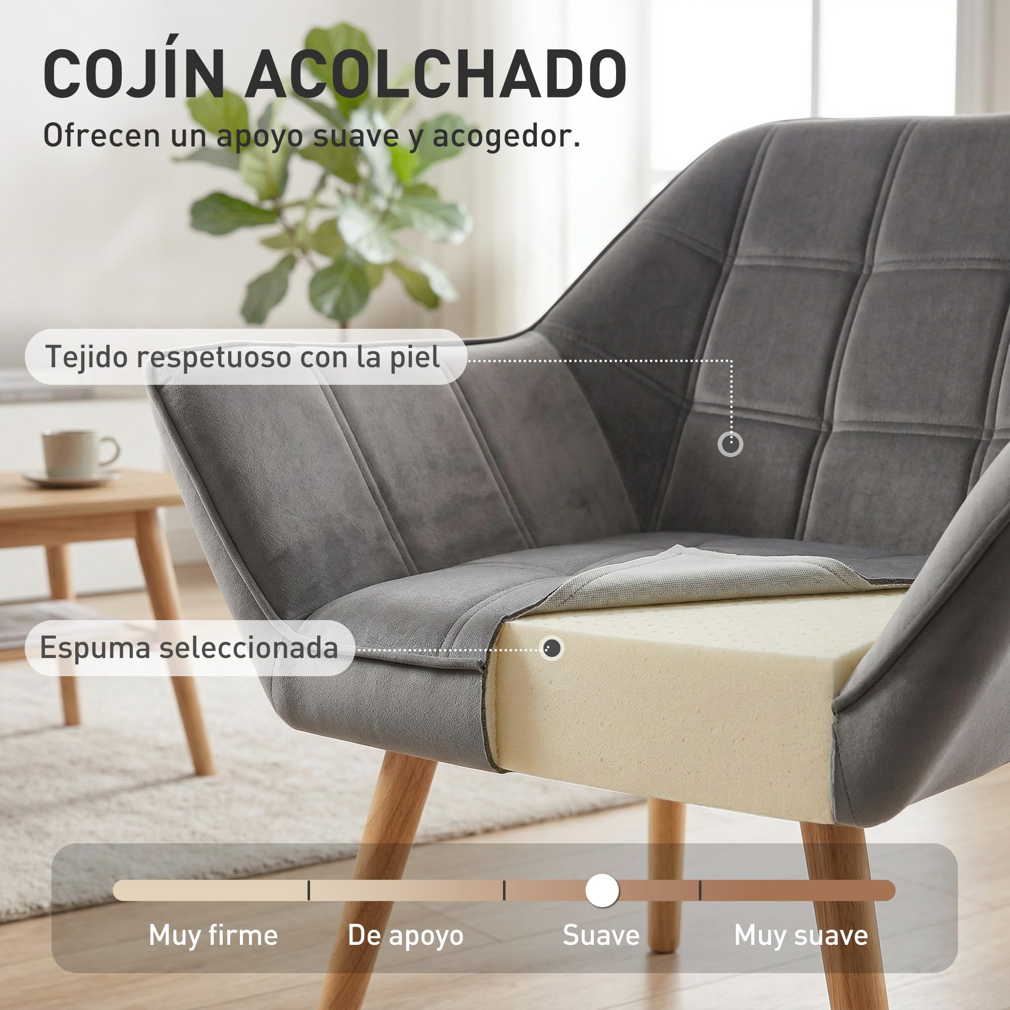 HOMCOM Butaca de Salón Moderna, Sillón Lectura Tapizado en Terciopelo con Patas de Madera, Fácil Montaje, Sillón Relax para Sala de Estar, Dormitorio y Balcón, Gris
